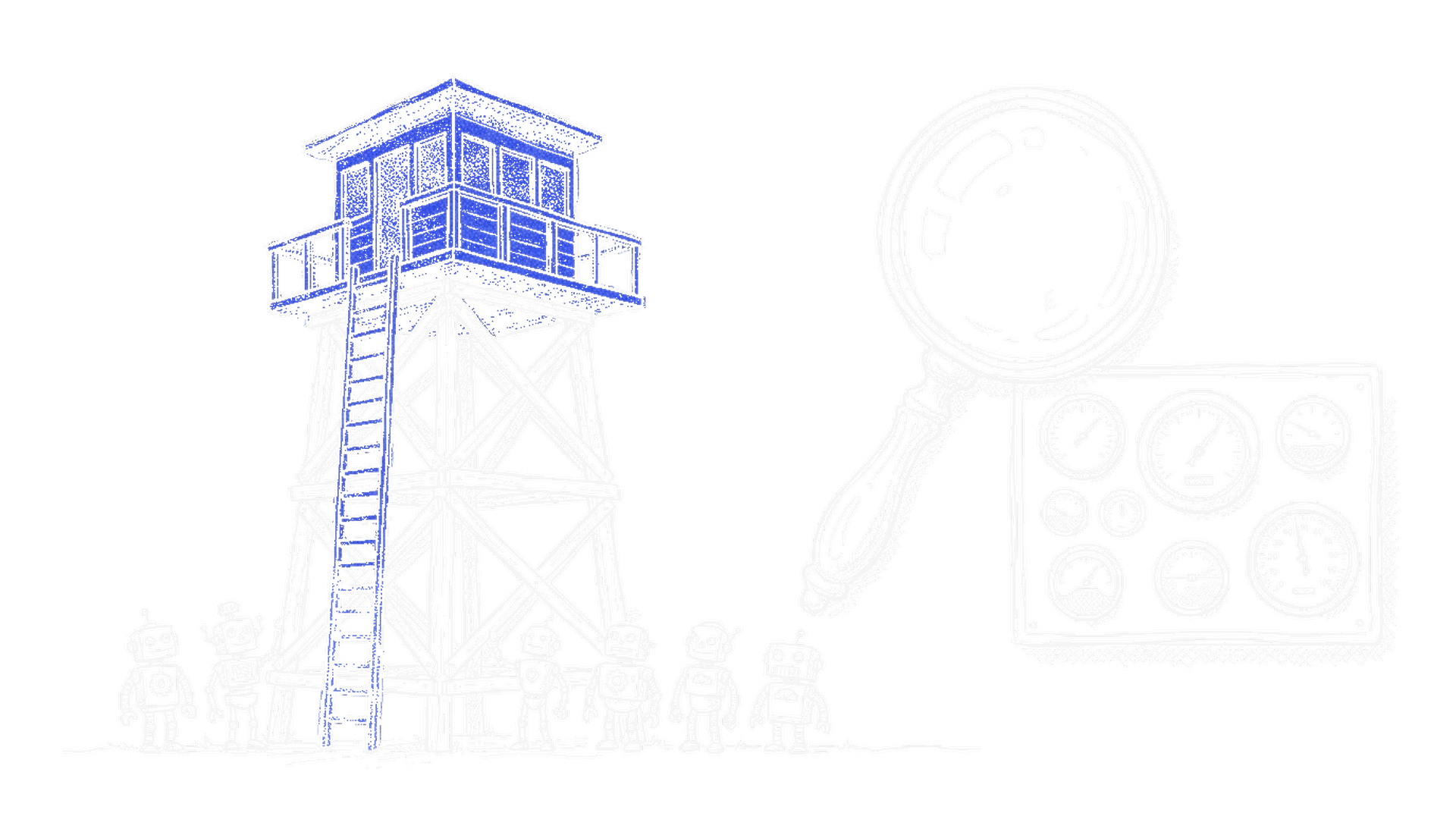Skizze eines hohen Wachturms mit elektroblau leuchtender Kanzel, einer Reihe kleiner Roboterfiguren davor, einer grossen Lupe und einer Tafel mit runden Messuhren (Dark)