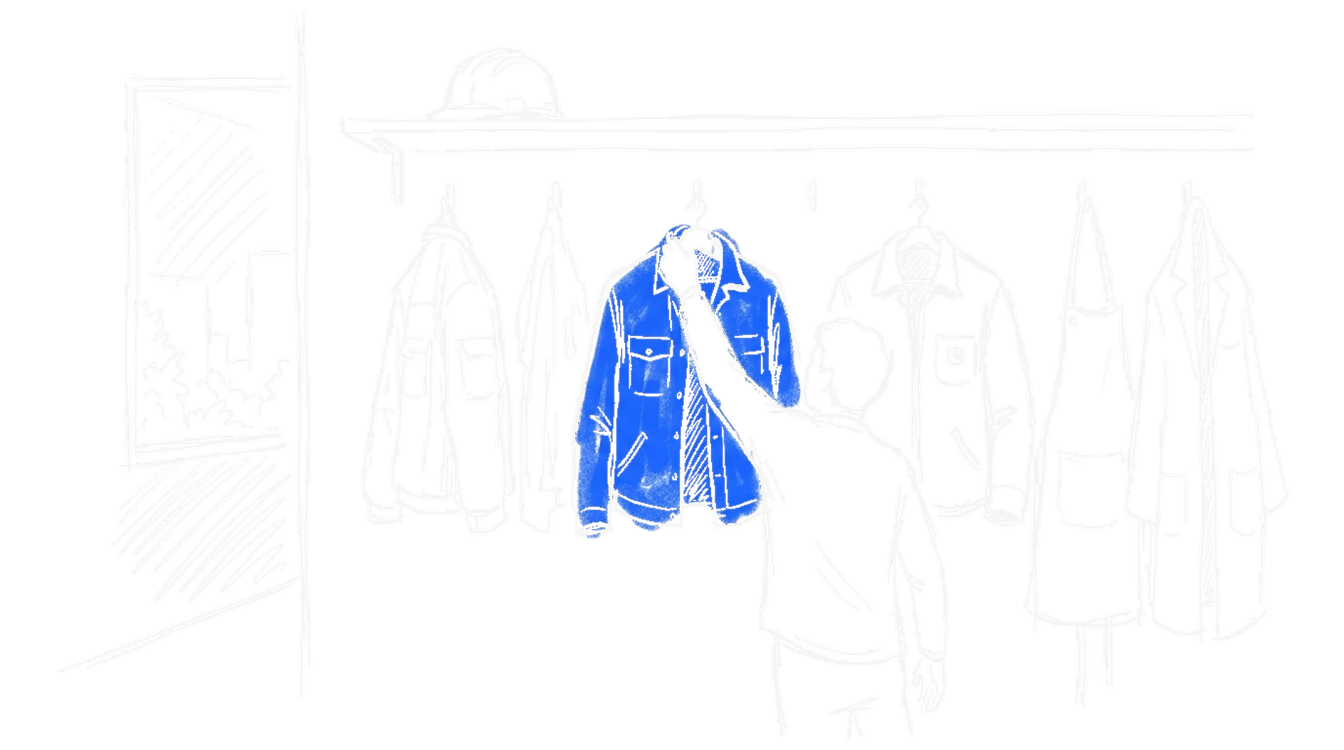 Illustration einer Garderobenleiste mit Arbeitsjacken, kinewsletter.ch Stil