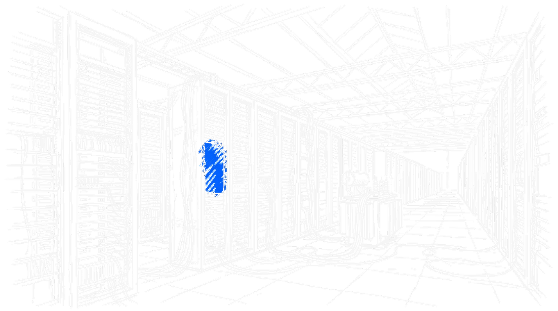 Illustration einer Rechenzentrums-Halle mit Server-Racks und Trafo, kinewsletter.ch Stil