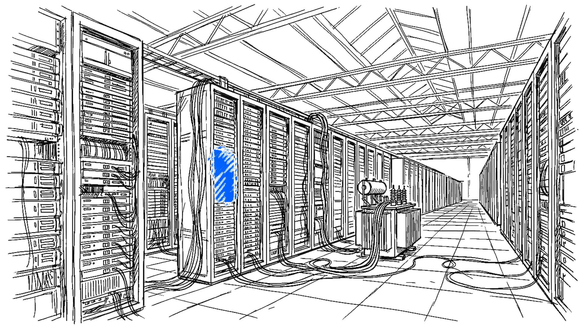 Illustration einer Rechenzentrums-Halle mit Server-Racks und Trafo, kinewsletter.ch Stil