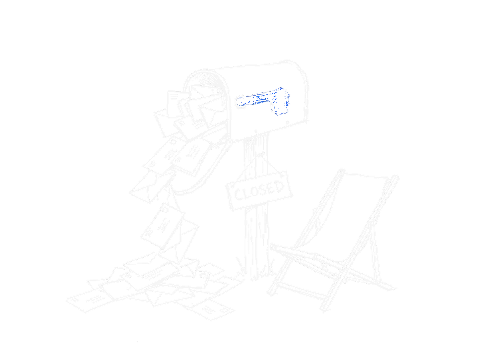 Illustration eines überquellenden Briefkastens mit einem 'Geschlossen'-Schild und einem Liegestuhl daneben, kinewsletter.ch Stil