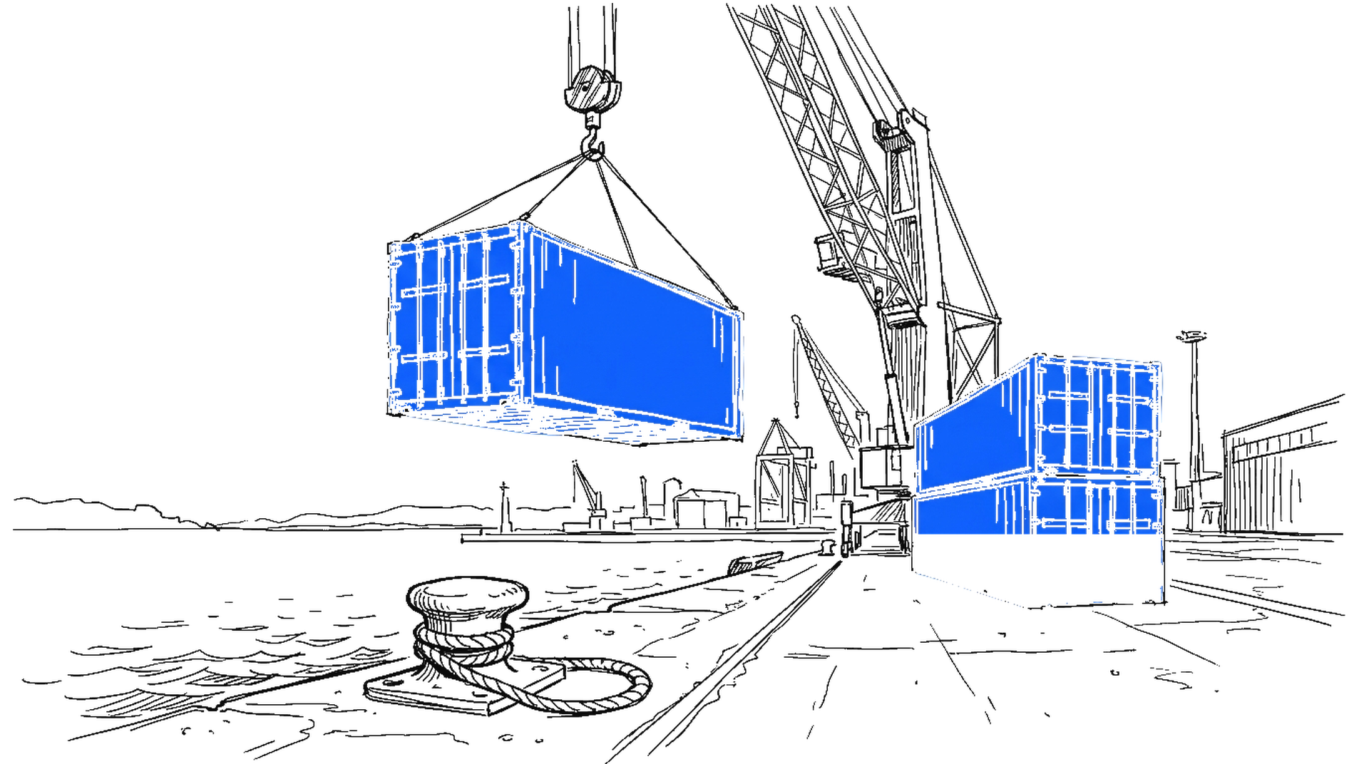 Illustration eines Hafenkrans, der einen Container über den Kai hebt, kinewsletter.ch Stil