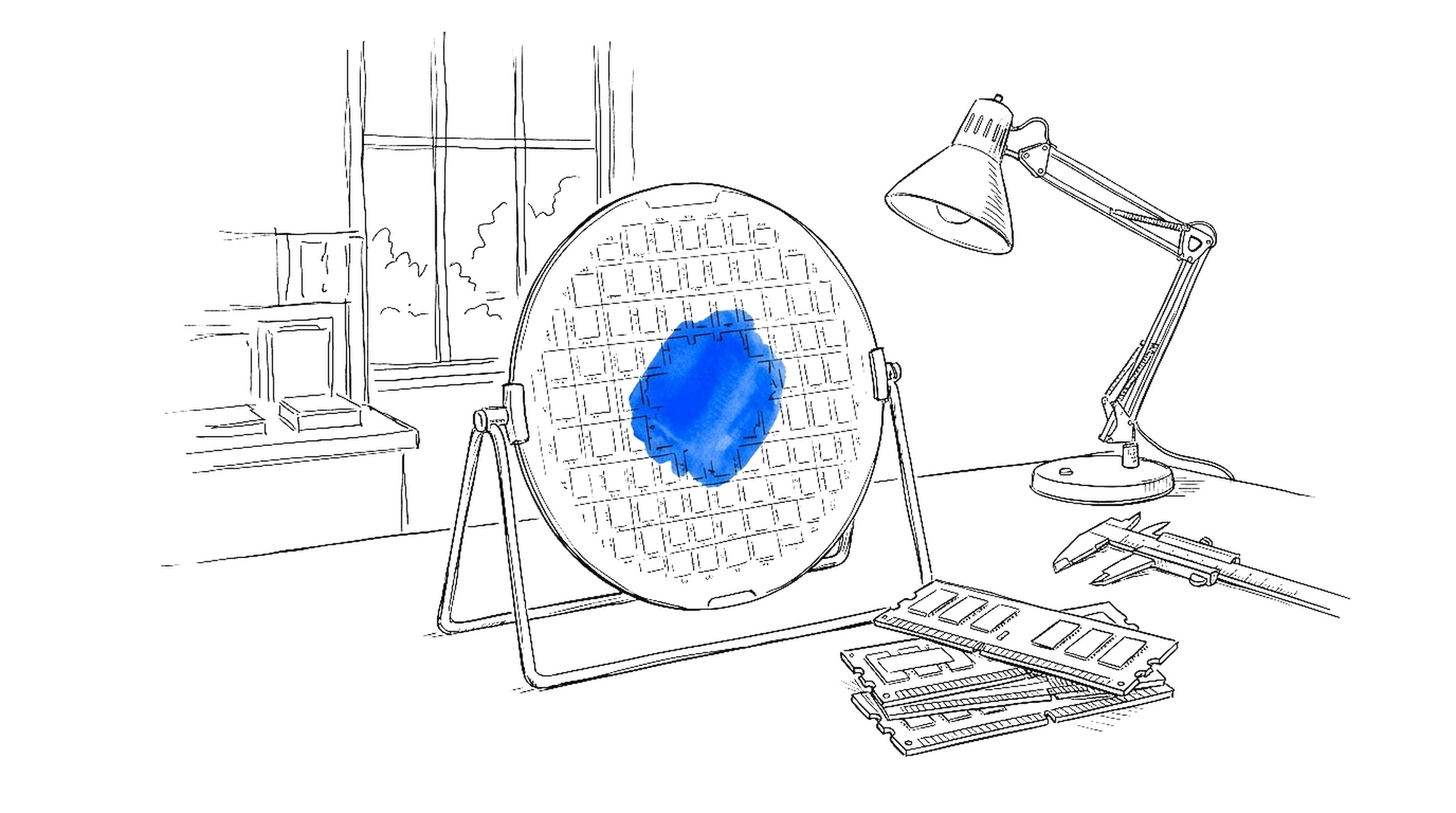 Illustration von Silizium-Wafer im Prüfständer mit RAM-Modulen auf einer Werkbank, kinewsletter.ch Stil