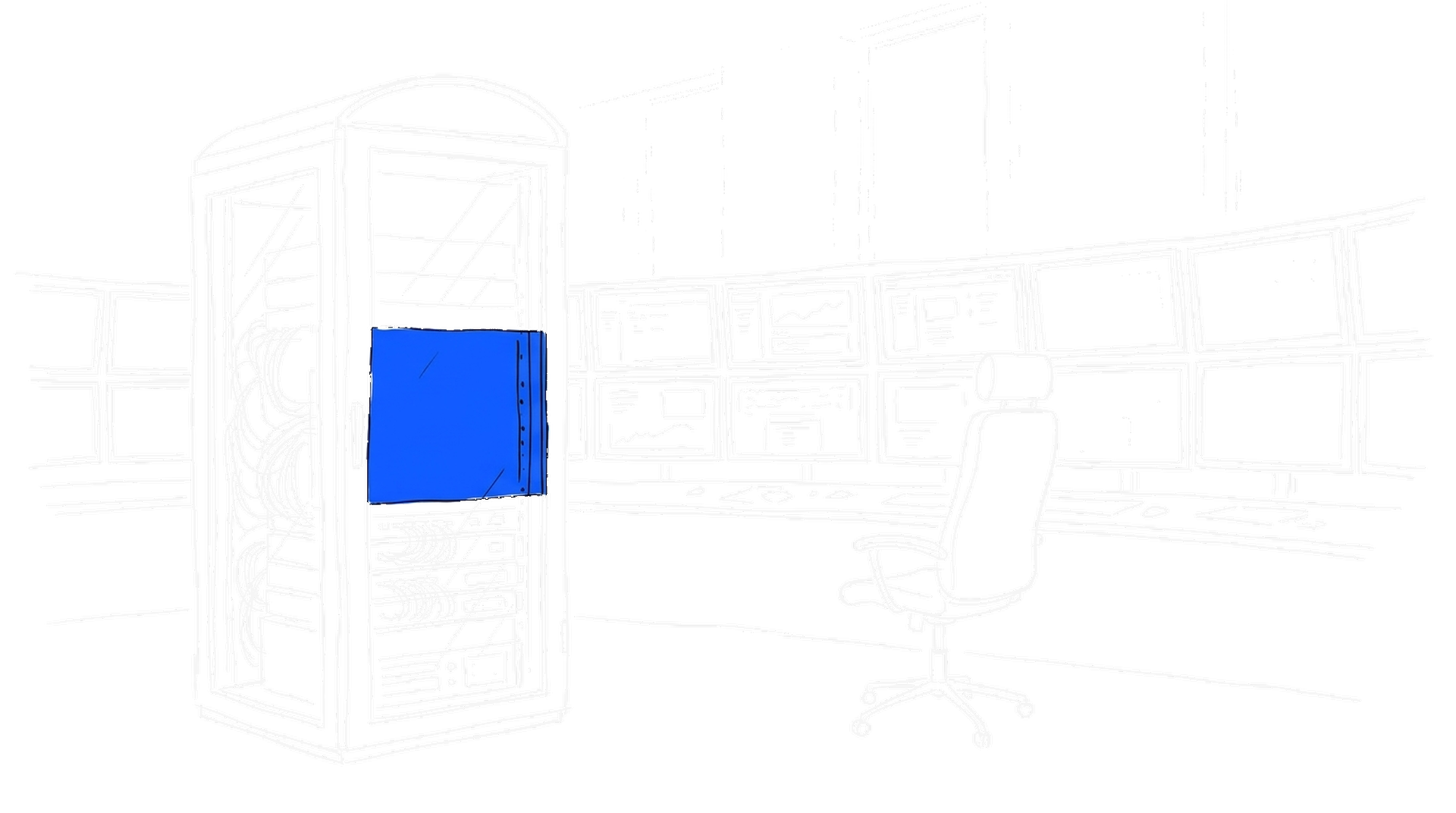 Illustration eines Kontrollraums mit Monitorwand, Warnleuchte und elektroblauem Serverschrank, kinewsletter.ch Stil
