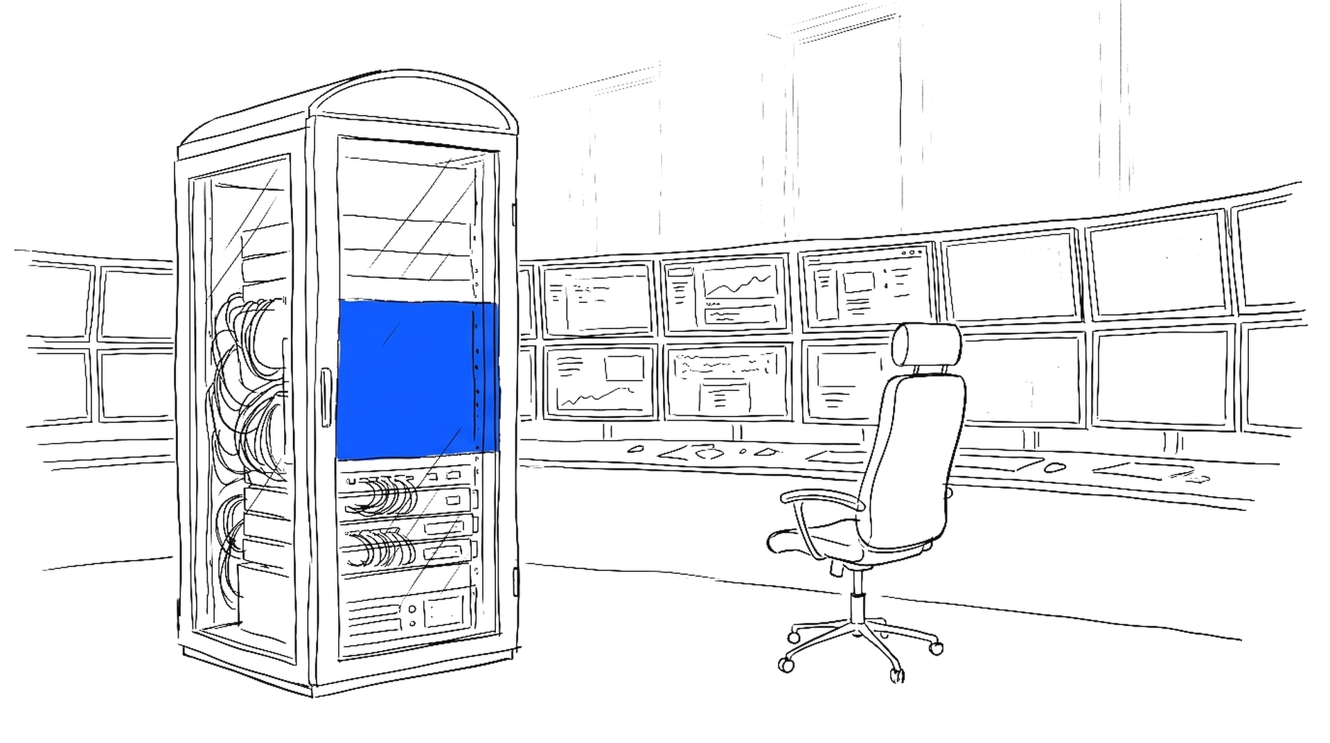 Illustration eines Kontrollraums mit Monitorwand, Warnleuchte und elektroblauem Serverschrank, kinewsletter.ch Stil