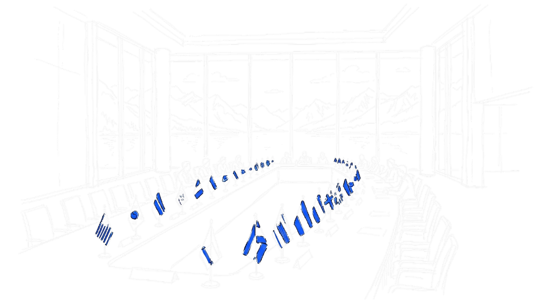 Illustration eines G7-Gipfelsaals mit Flaggen am See, kinewsletter.ch Stil (Dark)