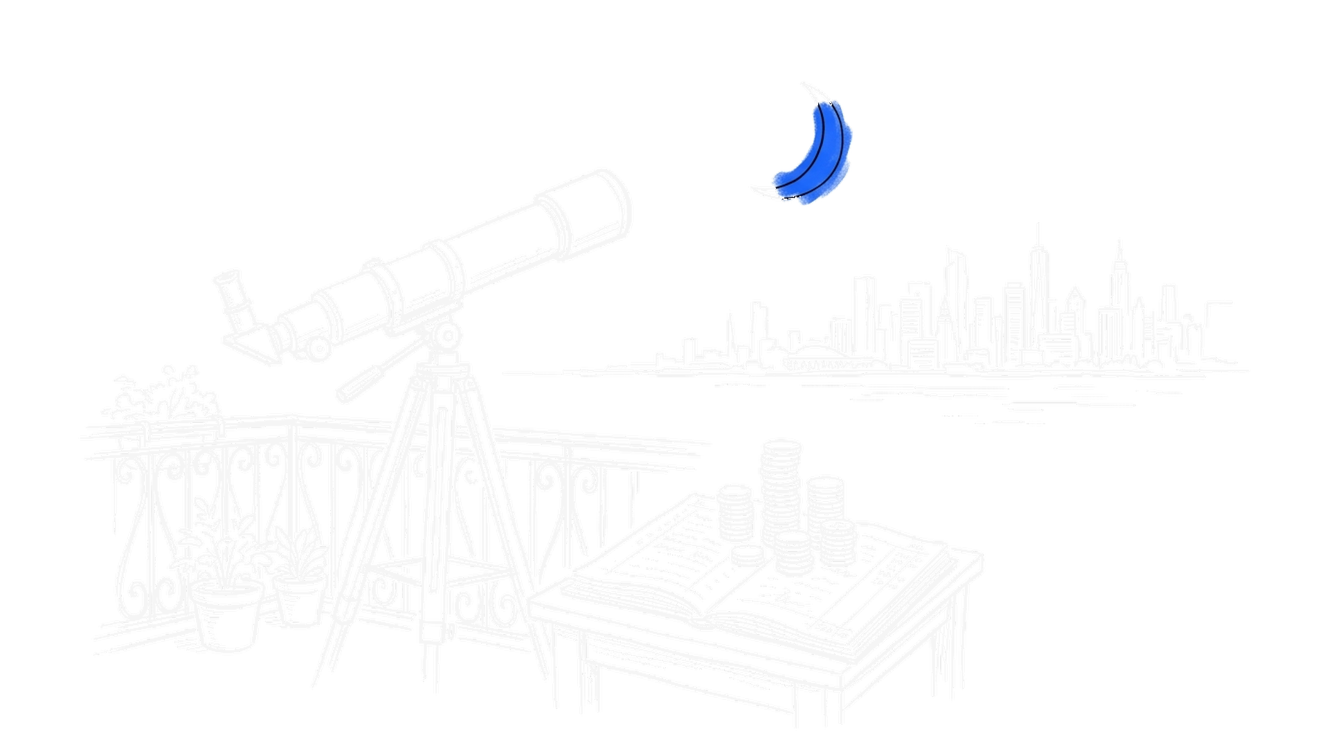 Illustration eines Teleskops mit blauer Mondsichel über einer Skyline, kinewsletter.ch Stil (Dark)