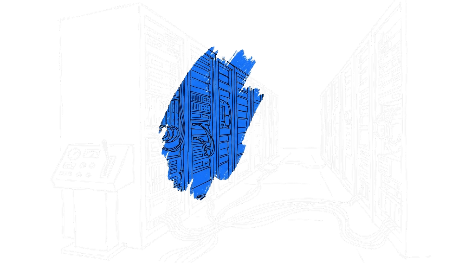 Illustration einer Rechenzentrumshalle mit Serverschränken, kinewsletter.ch Stil (Dark)