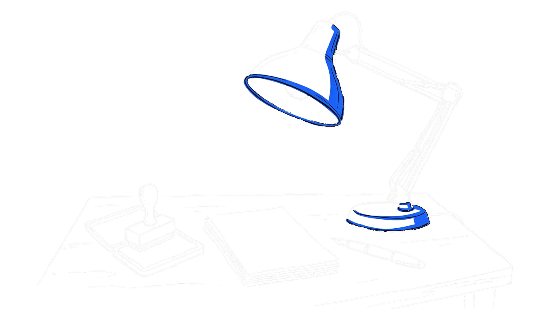 Skizze eines Schreibtischs mit Stempel, Stempelkissen, leerem Papierstapel und Arbeitsleuchte, kinewsletter.ch Stil