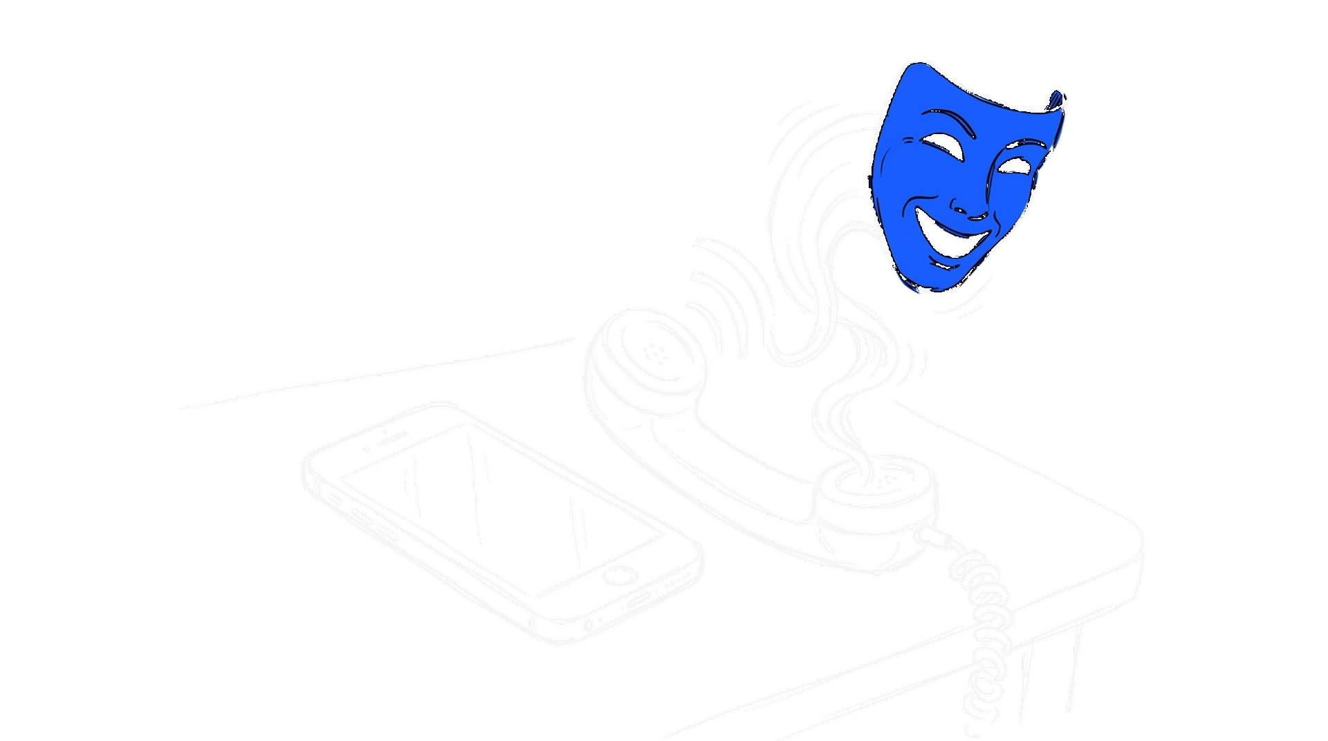 Illustration eines Smartphones mit Telefonhörer, von dem Schallwellen ausgehen, die sich zu einer Maske formen