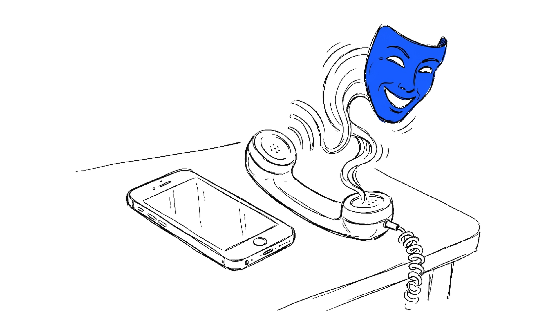 Illustration eines Smartphones mit Telefonhörer, von dem Schallwellen ausgehen, die sich zu einer Maske formen