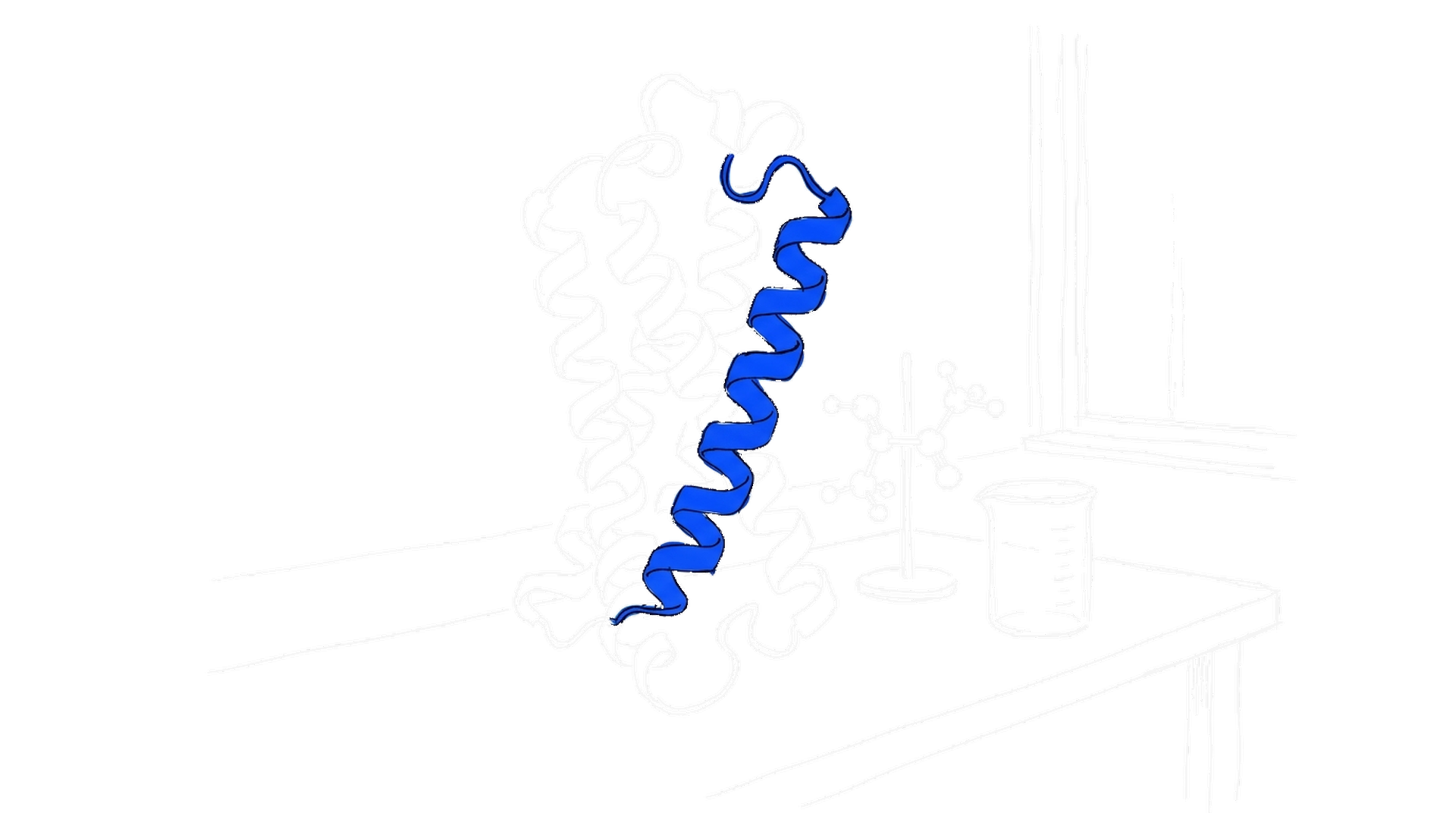 Handgezeichnete Illustration eines blauen Proteinband-Modells auf einem Labortisch, kinewsletter.ch Stil