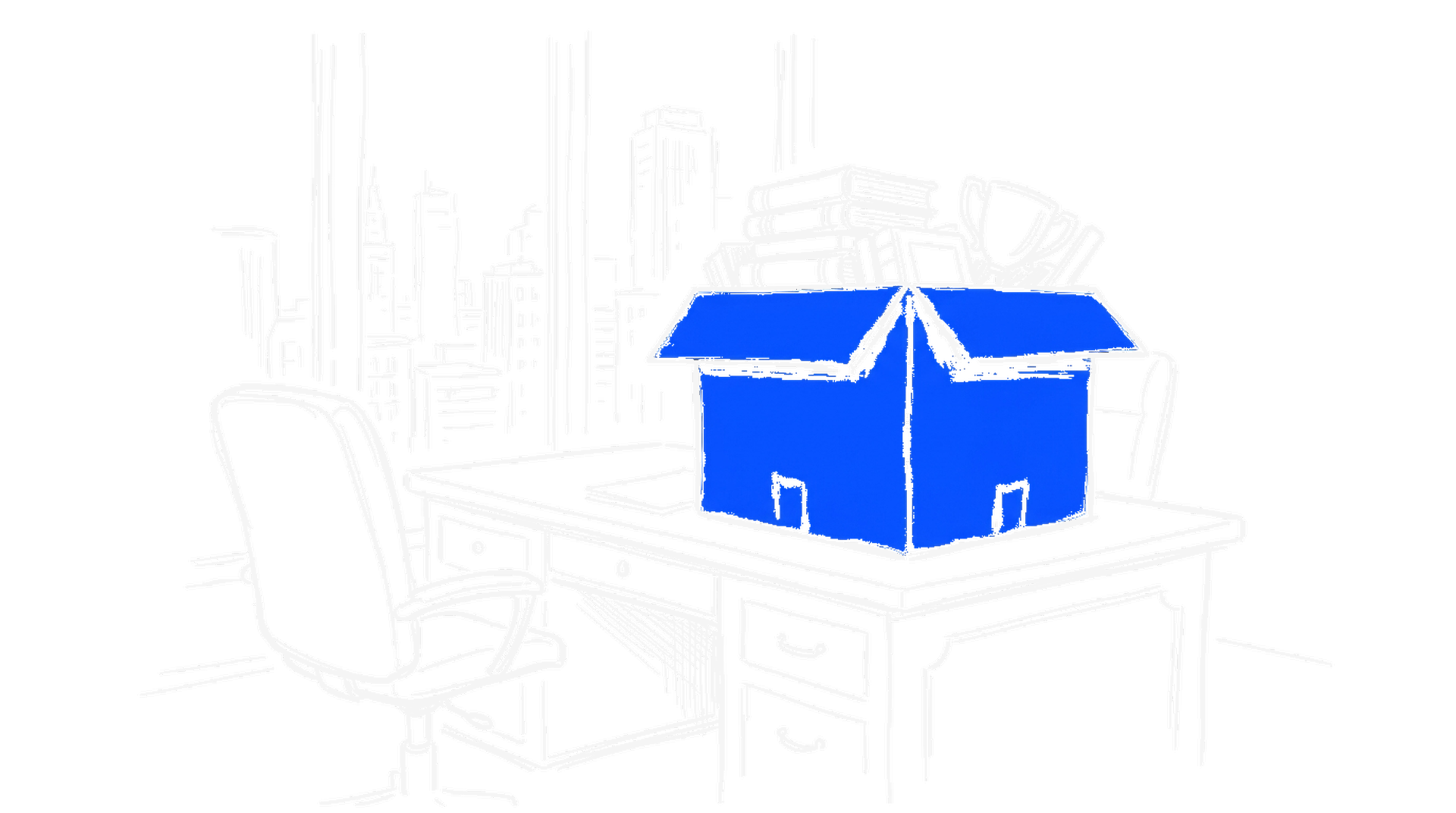 Illustration einer elektroblauen Umzugskiste mit Büchern und Pokal auf einem Schreibtisch, im Hintergrund Bürofenster mit Skyline, kinewsletter.ch Stil