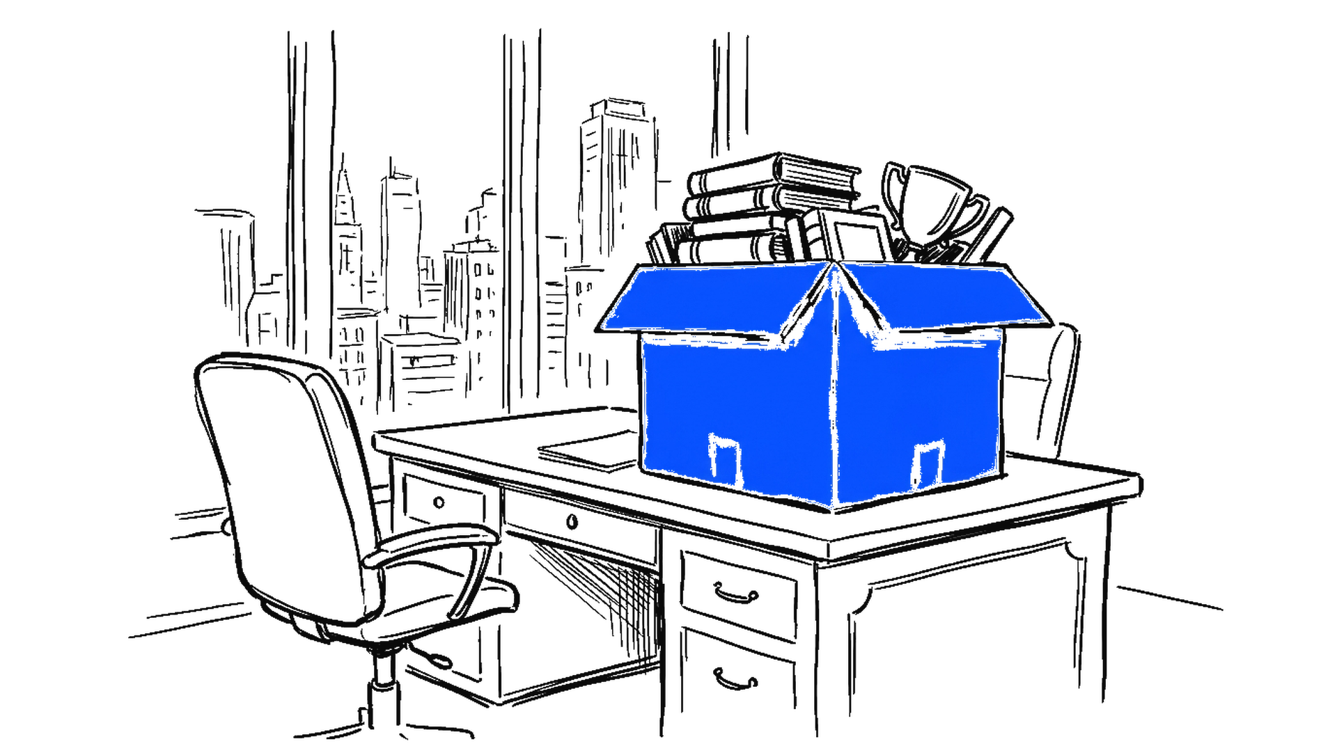 Illustration einer elektroblauen Umzugskiste mit Büchern und Pokal auf einem Schreibtisch, im Hintergrund Bürofenster mit Skyline, kinewsletter.ch Stil