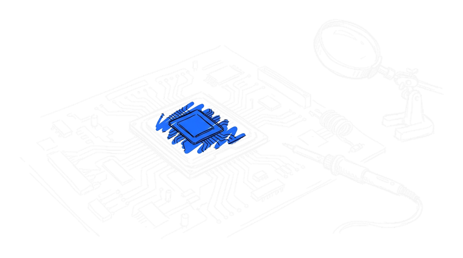 Illustration eines Prozessor-Chips auf einer Platine, Dark Mode, kinewsletter.ch Stil