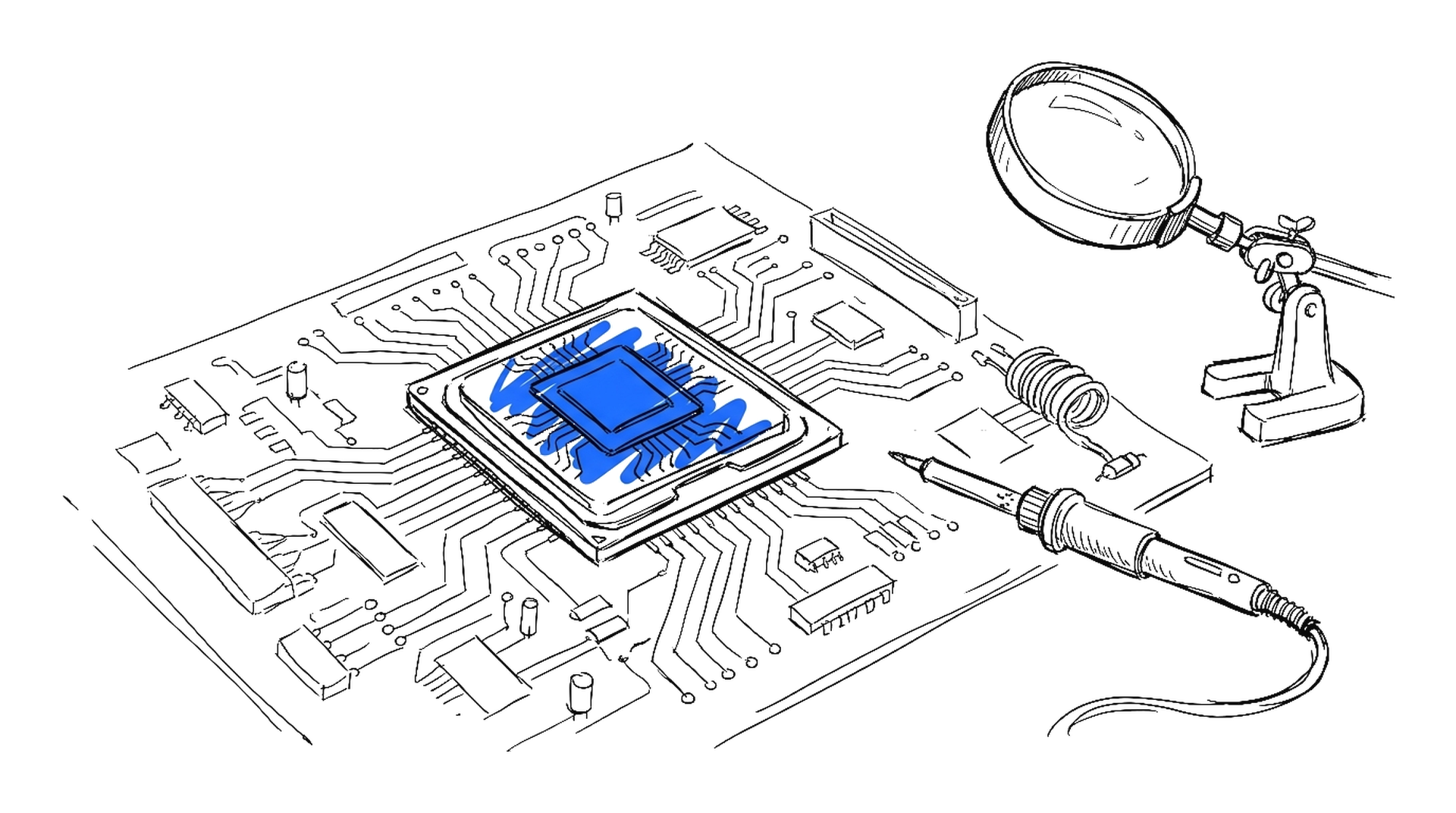 Illustration eines grossen Prozessor-Chips auf einer Platine, kinewsletter.ch Stil