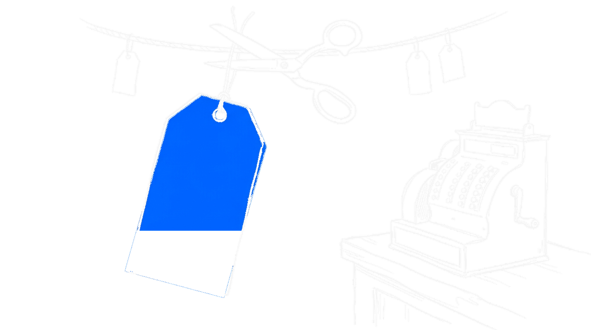 Illustration eines grossen blauen Preisschilds an einer Schnur, das von einer Schere durchtrennt wird, kinewsletter.ch Stil