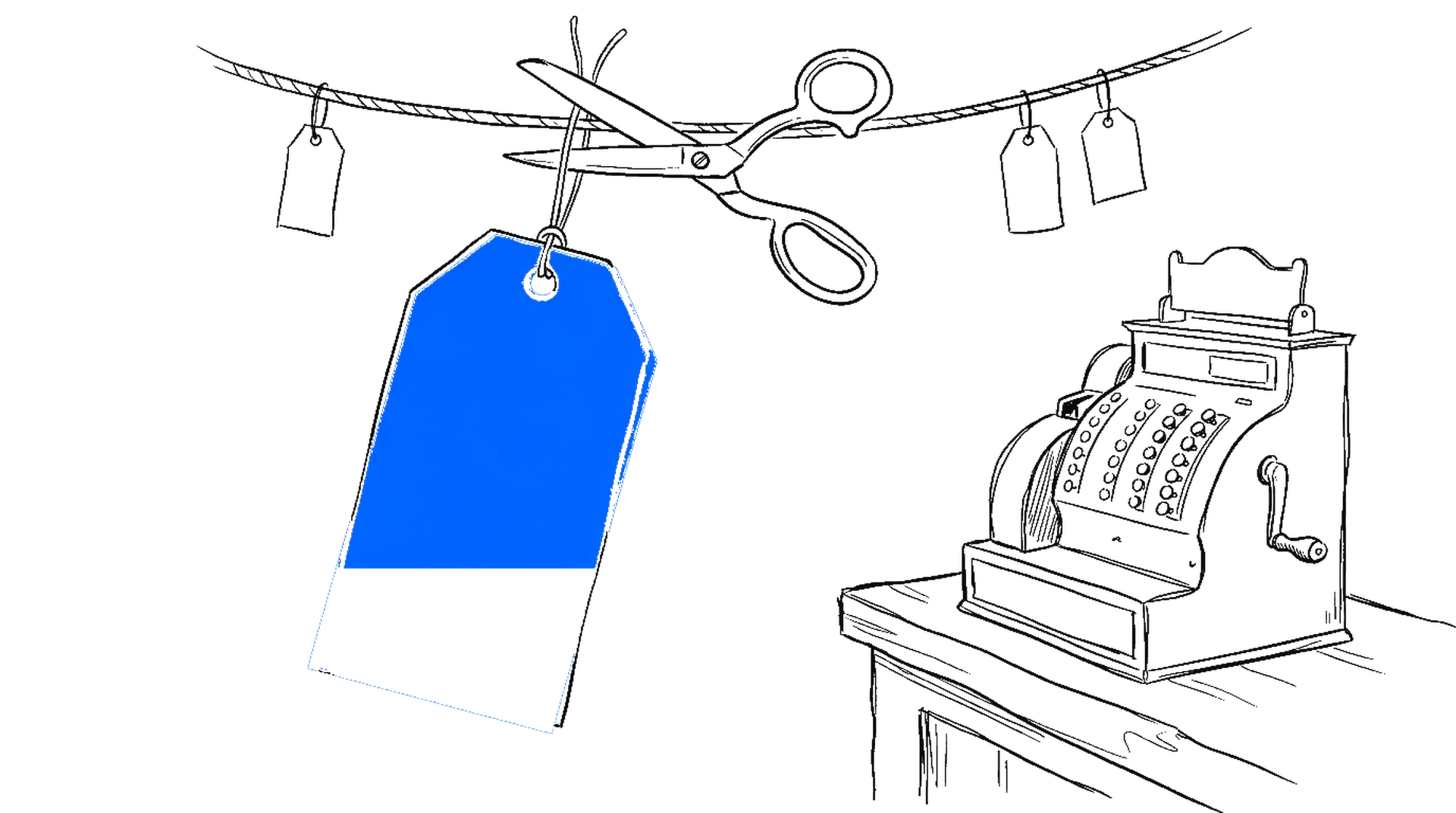 Illustration eines grossen blauen Preisschilds an einer Schnur, das von einer Schere durchtrennt wird, kinewsletter.ch Stil