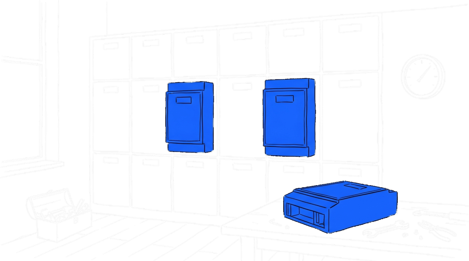 Illustration einer Schaltwand mit austauschbaren blauen Modulen auf einer Werkbank, kinewsletter.ch Stil