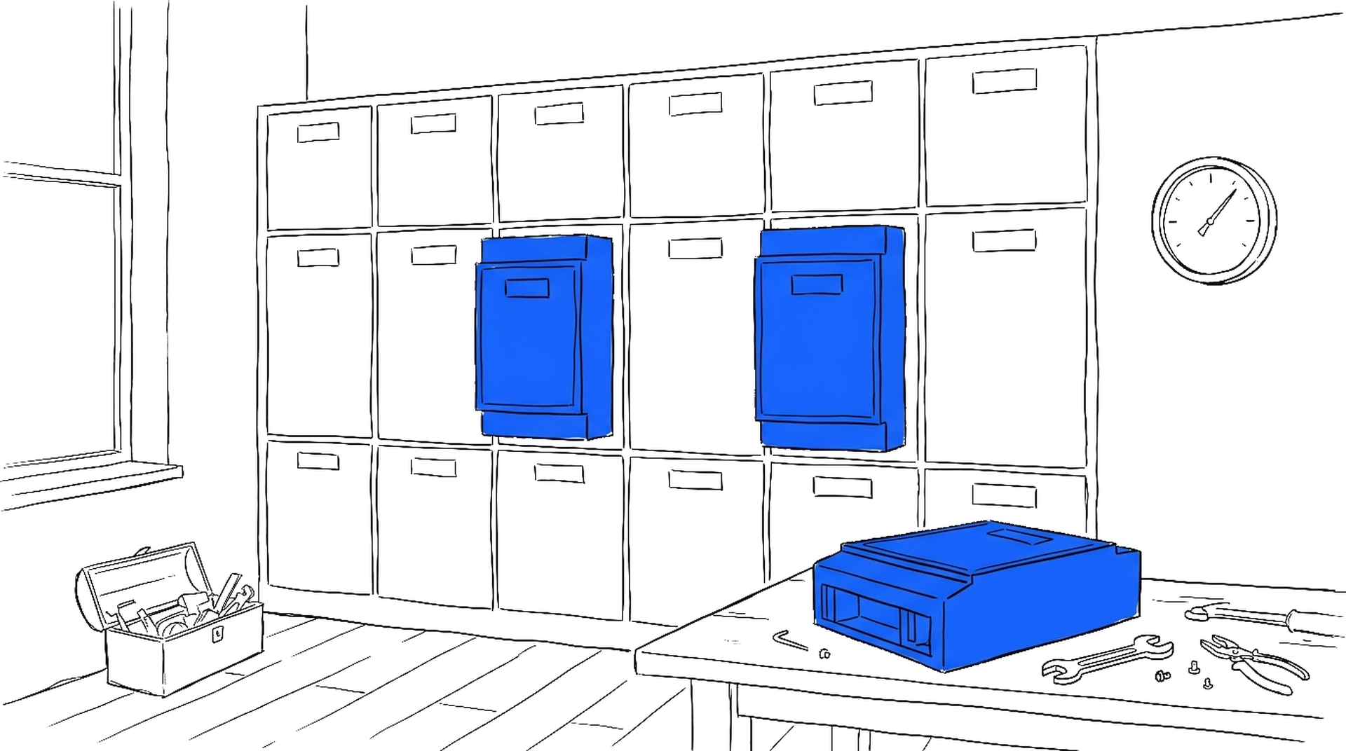 Illustration einer Schaltwand mit austauschbaren blauen Modulen auf einer Werkbank, kinewsletter.ch Stil