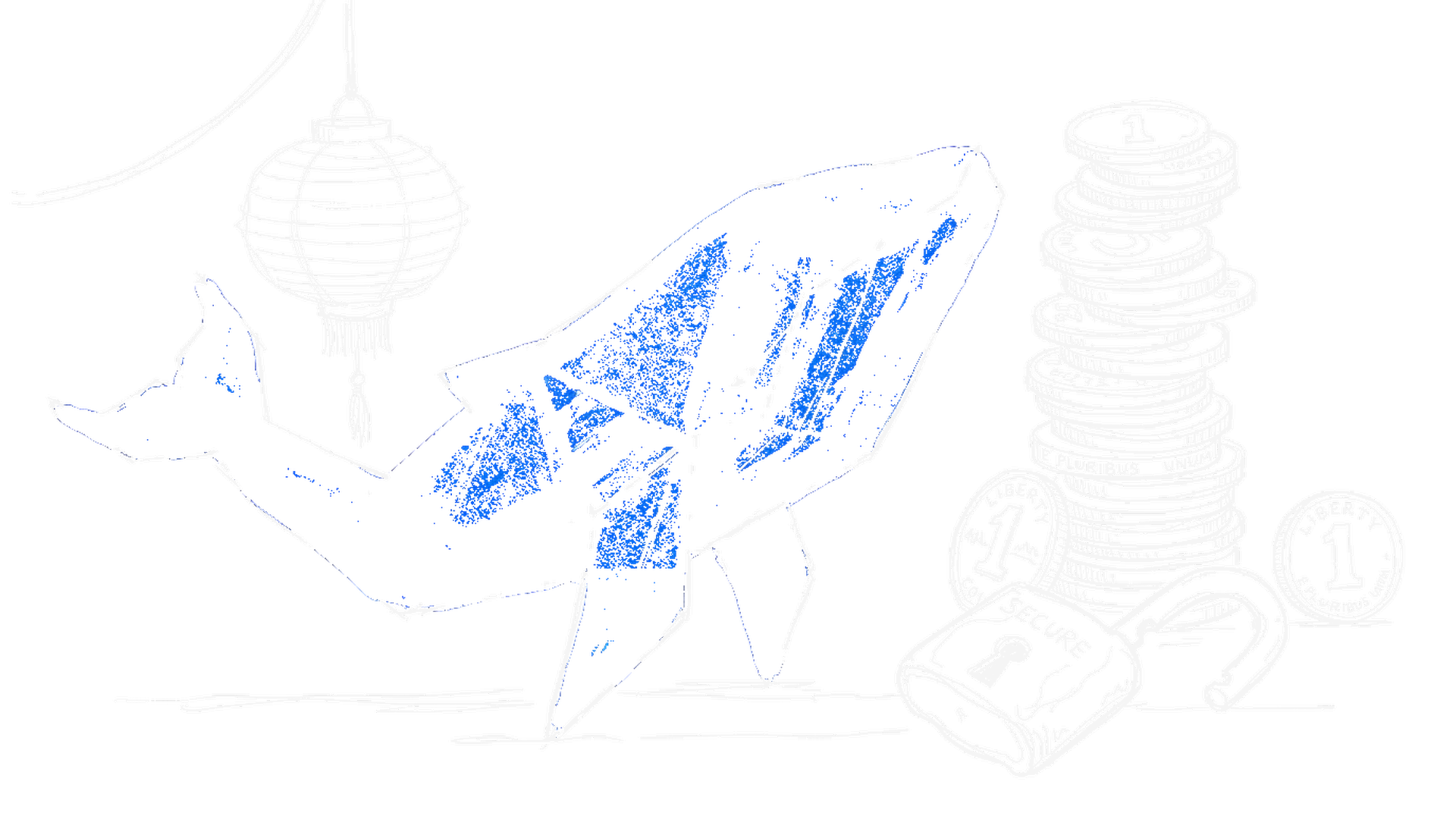 Skizze eines grossen Origami-Wals mit elektroblauem Akzent, hohe Münzstapel, ein geöffnetes Vorhängeschloss und eine Papierlaterne (Dark)