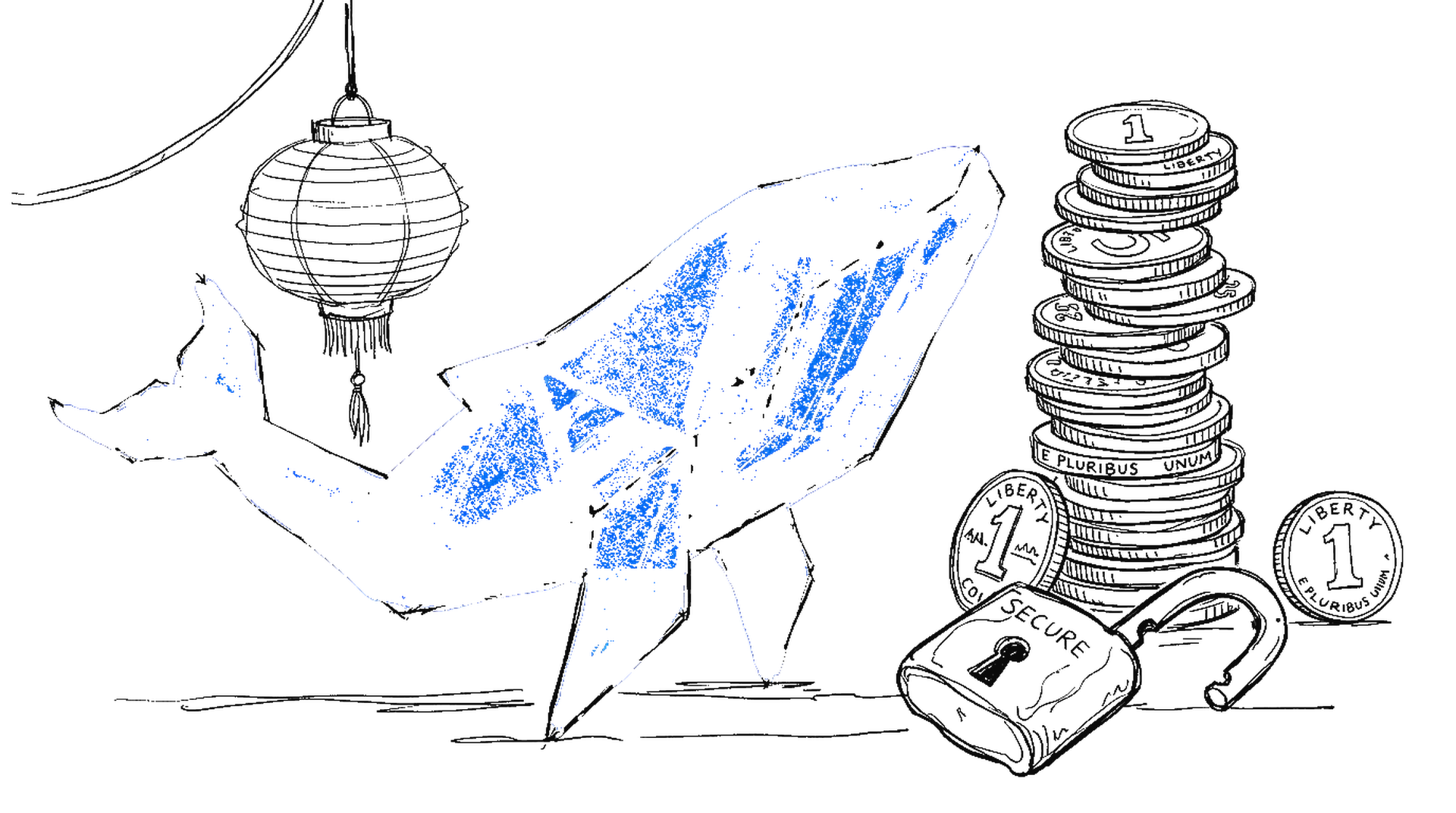 Skizze eines grossen Origami-Wals mit elektroblauem Akzent, hohe Münzstapel, ein geöffnetes Vorhängeschloss und eine Papierlaterne