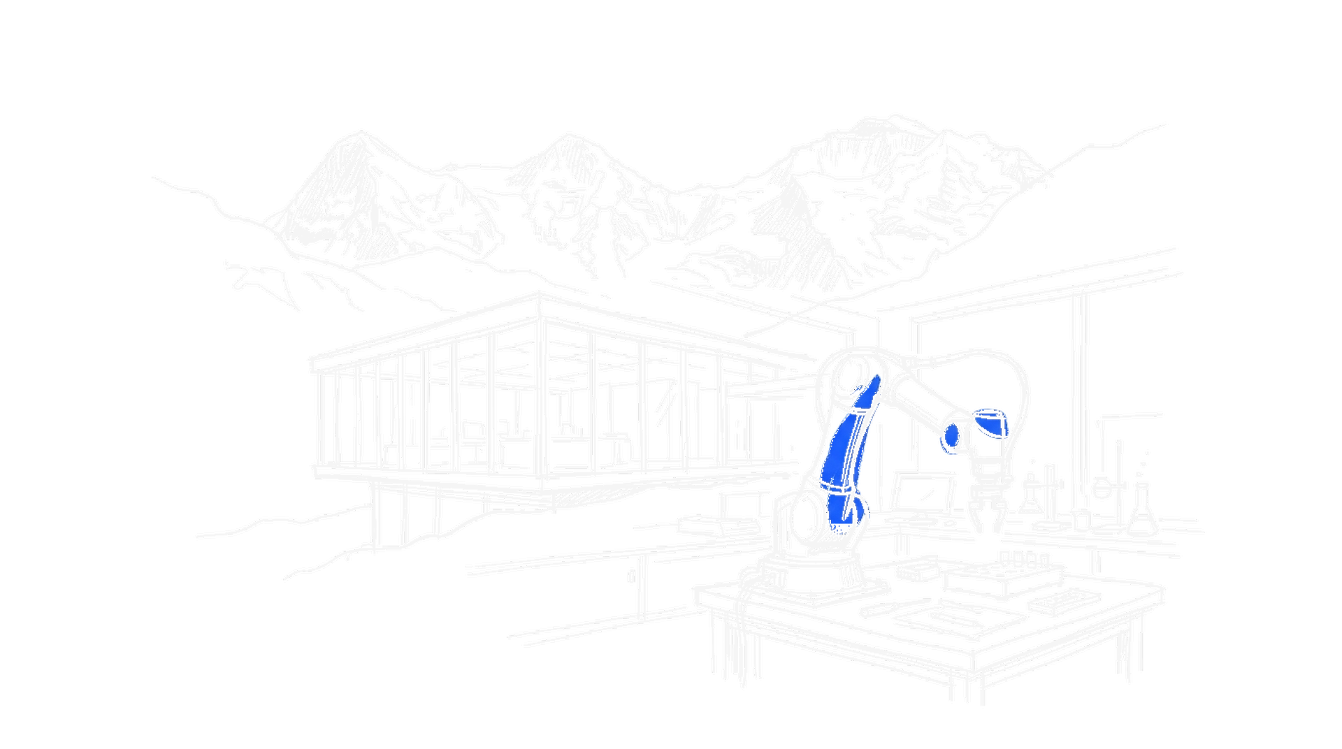 Handgezeichnete Skizze eines Roboterarms auf einer Werkbank vor einem modernen Forschungslabor und Schweizer Bergpanorama, mit elektroblauem Akzent (Dark Mode)