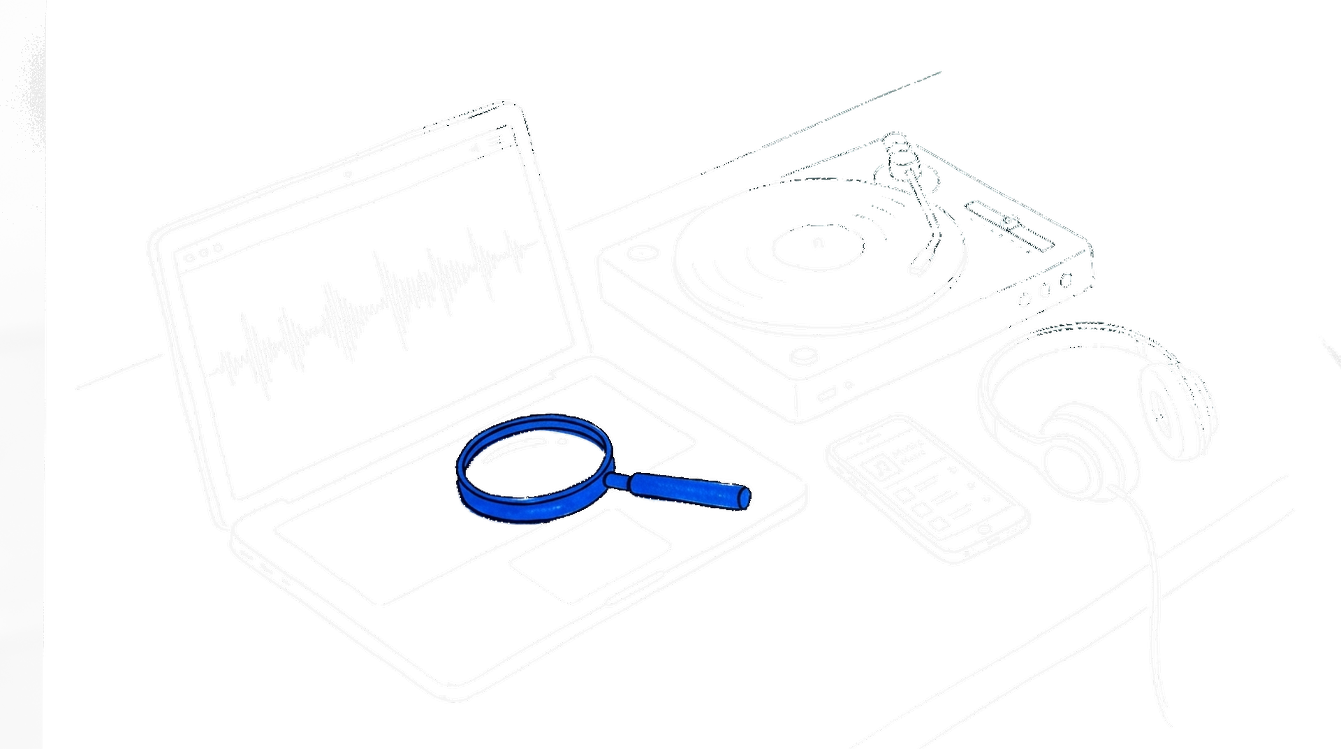 Skizze eines Schreibtischs mit Laptop und Audio-Wellenform, Plattenspieler, Kopfhörer und Lupe, kinewsletter.ch Stil