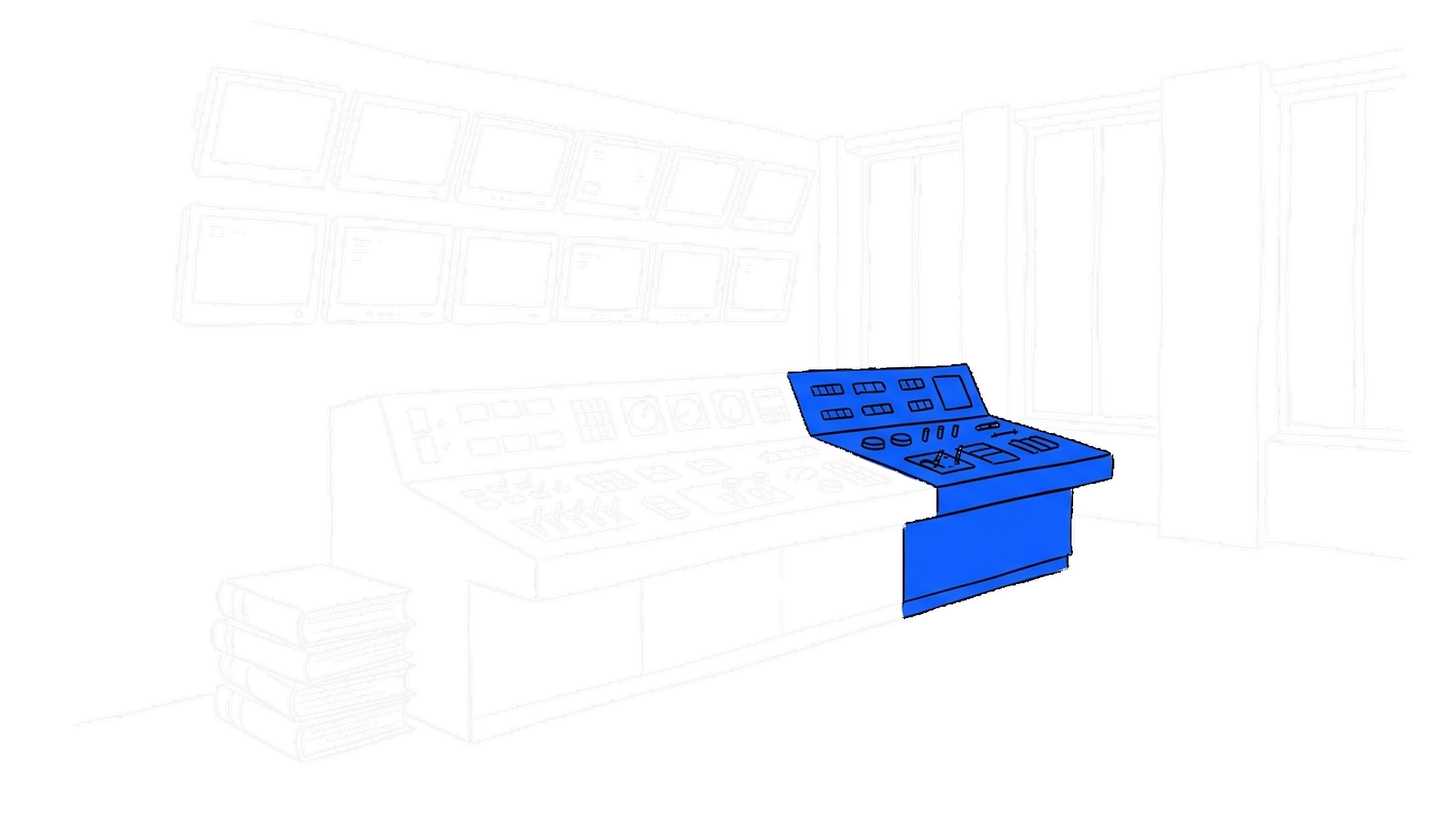 Illustration eines Behörden-Kontrollraums mit blauem Schaltpult und Gesetzbüchern, kinewsletter.ch Stil