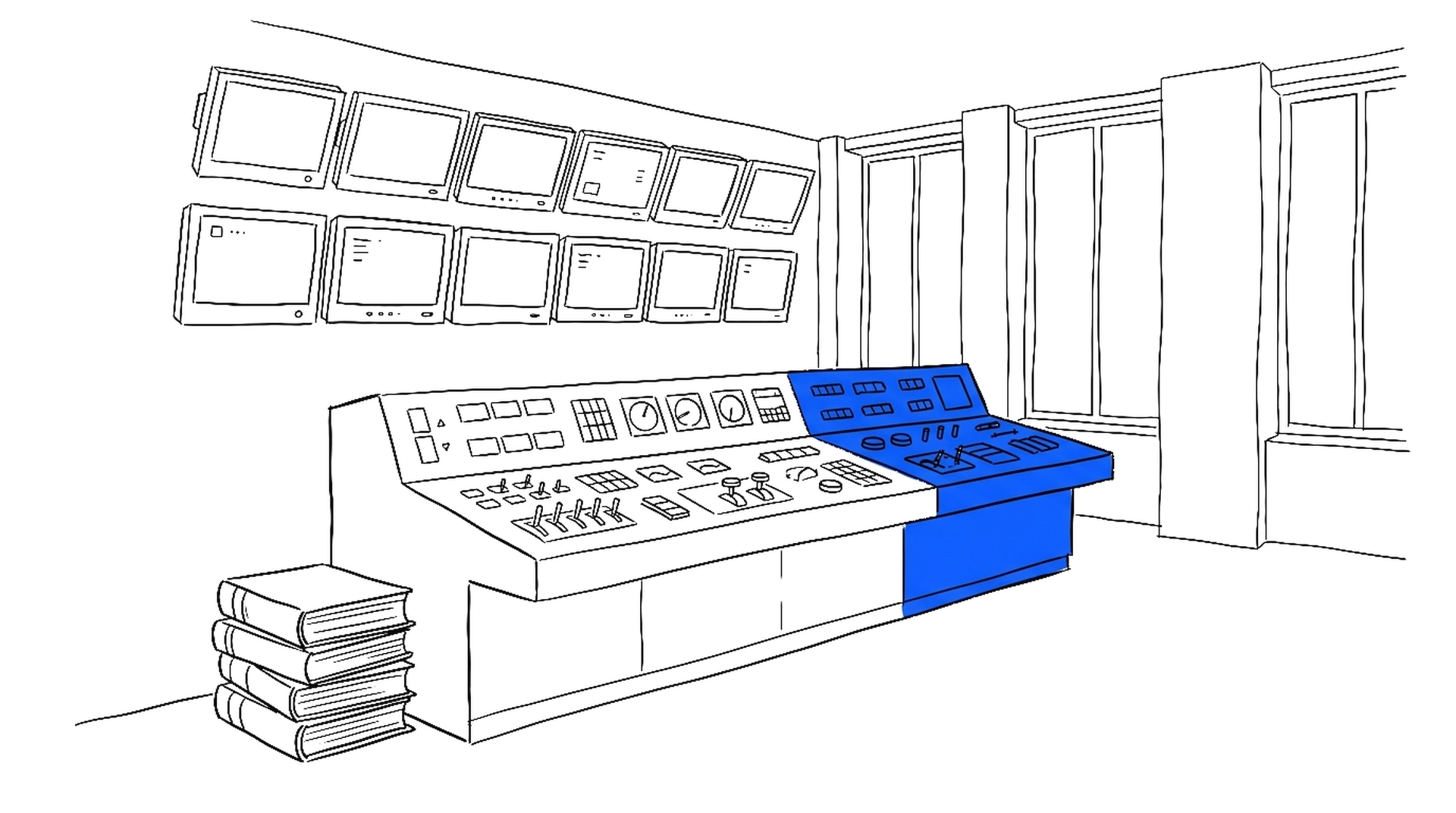Illustration eines Behörden-Kontrollraums mit blauem Schaltpult und Gesetzbüchern, kinewsletter.ch Stil