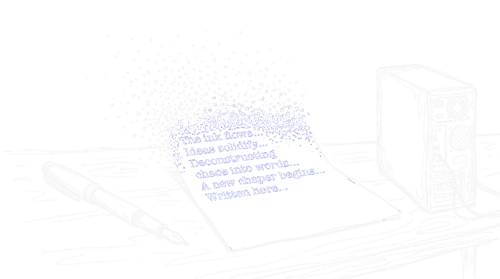 Handgezeichnete Skizze eines Blatt Papiers, auf dem sich aus einer Wolke verstreuter Tintenpunkte Textzeilen bilden, daneben ein Füllfederhalter und ein kleiner Computer (Dark Mode)