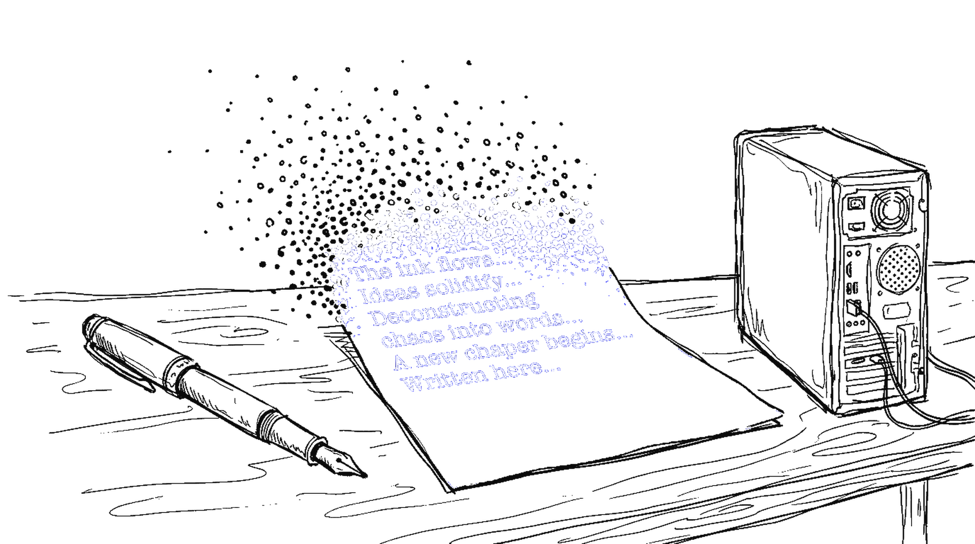 Handgezeichnete Skizze eines Blatt Papiers, auf dem sich aus einer Wolke verstreuter Tintenpunkte Textzeilen bilden, daneben ein Füllfederhalter und ein kleiner Computer