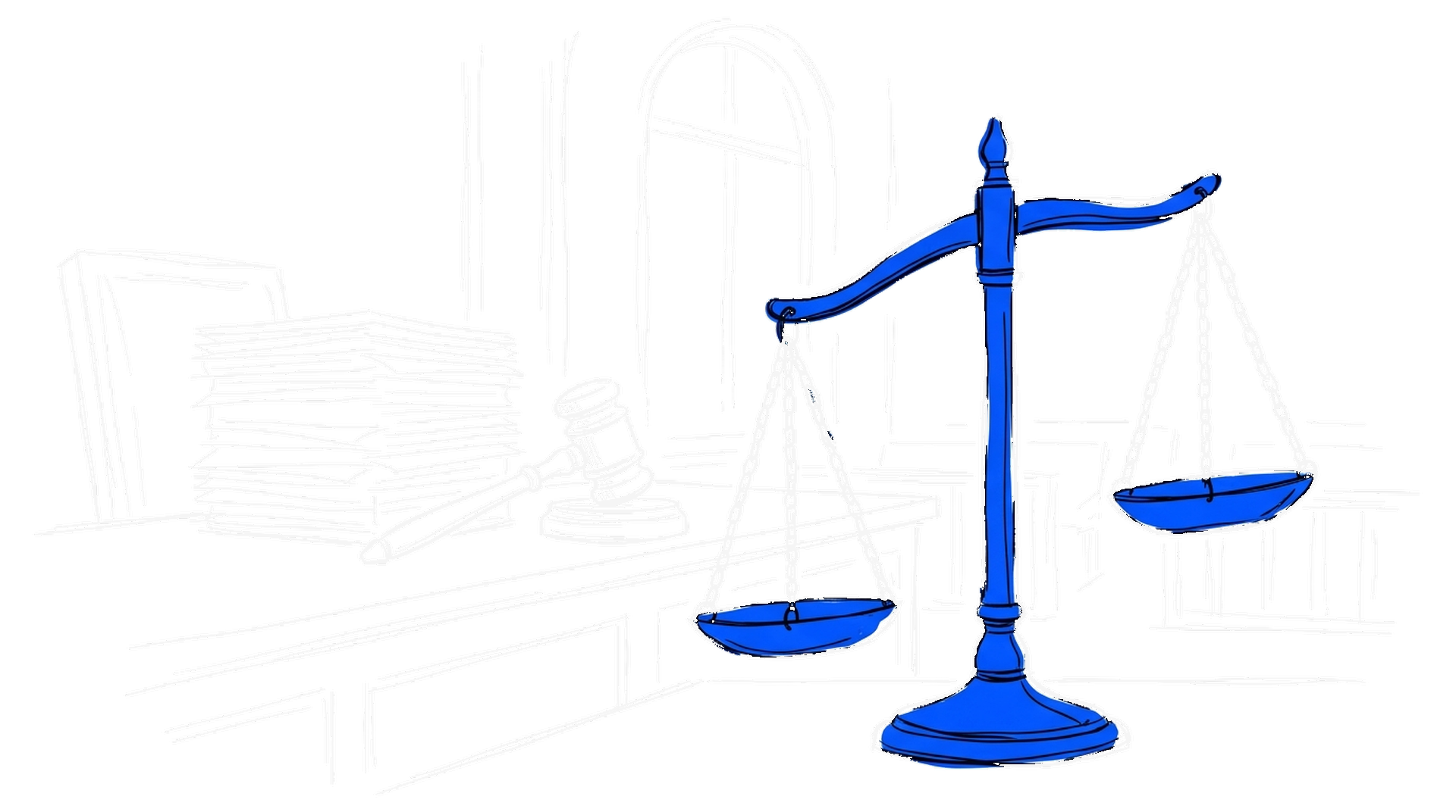 Handgezeichnete Skizze einer geneigten Justizwaage in Elektroblau vor einer Gerichtsbank mit Richterhammer und einem Stapel Papier, kinewsletter.ch Stil