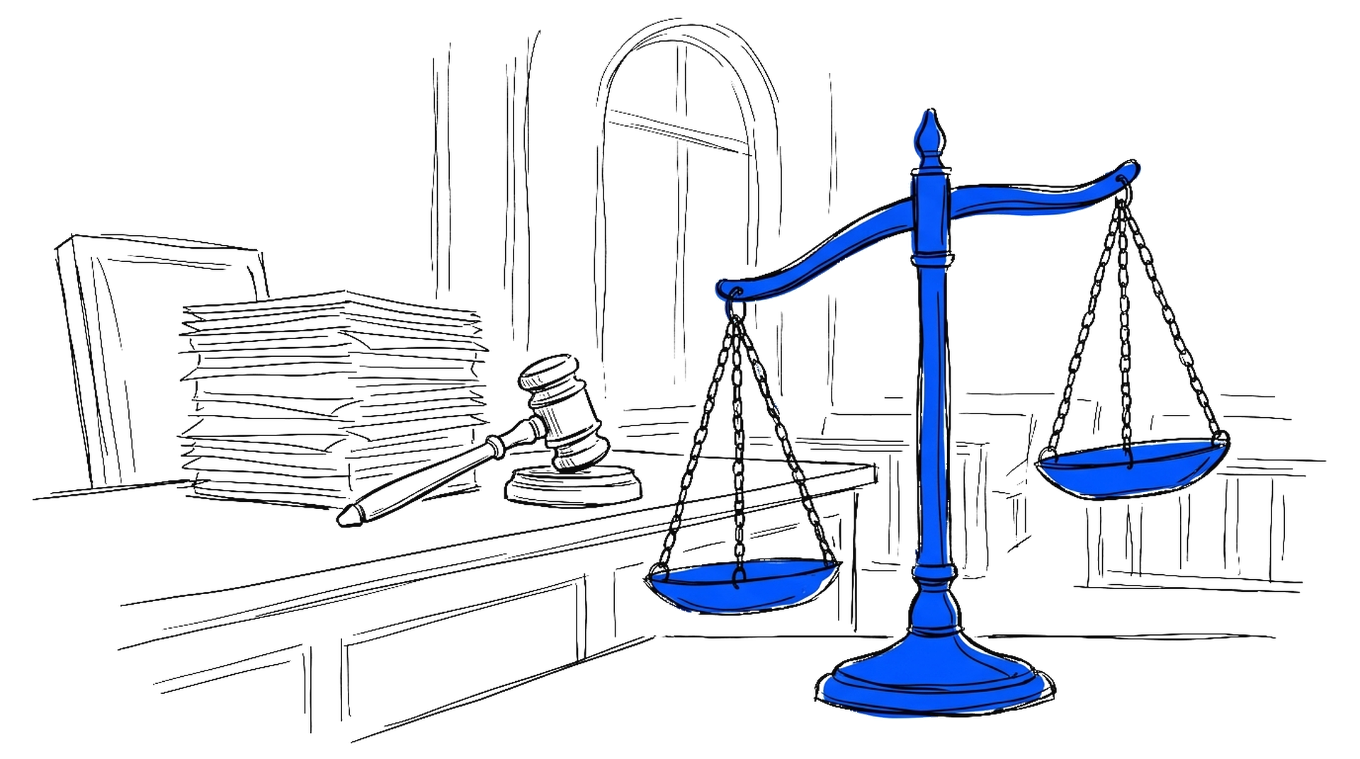 Handgezeichnete Skizze einer geneigten Justizwaage in Elektroblau vor einer Gerichtsbank mit Richterhammer und einem Stapel Papier, kinewsletter.ch Stil