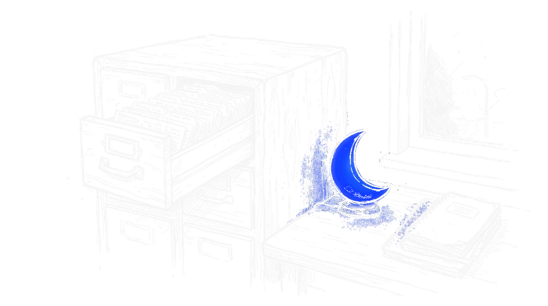 Handgezeichnete Skizze eines Karteikartenschranks mit offener Schublade voller Karteikarten, daneben eine elektroblau leuchtende Mond-Tischlampe und ein Notizblock (Dark Mode)