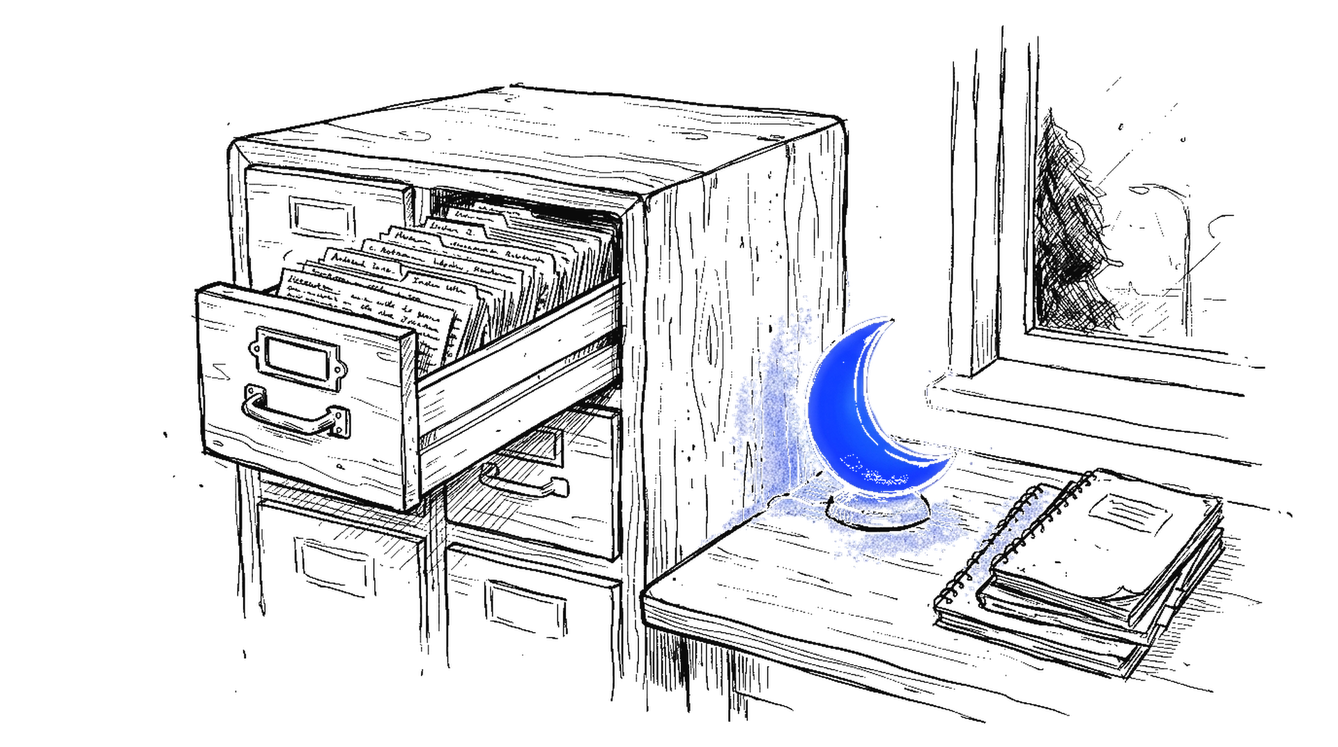 Handgezeichnete Skizze eines Karteikartenschranks mit offener Schublade voller Karteikarten, daneben eine elektroblau leuchtende Mond-Tischlampe und ein Notizblock