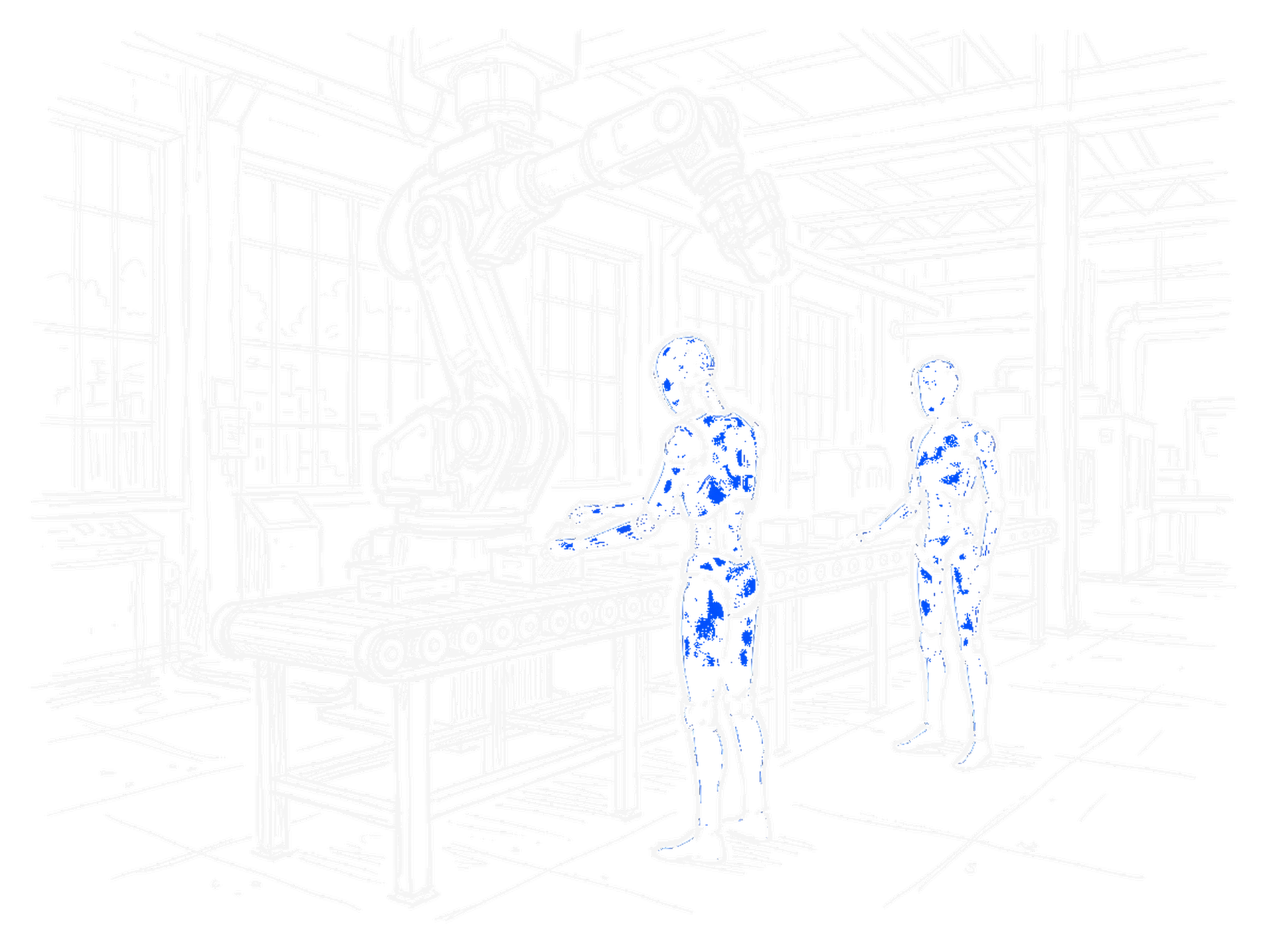 Skizze von zwei humanoiden Robotern an einem Fabrik-Fliessband mit Roboterarm und Förderband, grosse Industriefenster, kinewsletter.ch Stil (Dark)