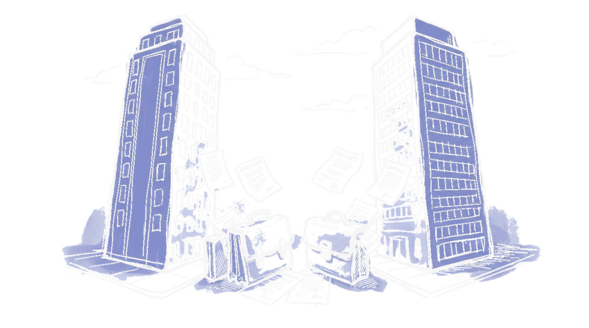 Illustration zweier Hochhäuser mit Aktentaschen und Verträgen, kinewsletter.ch Stil