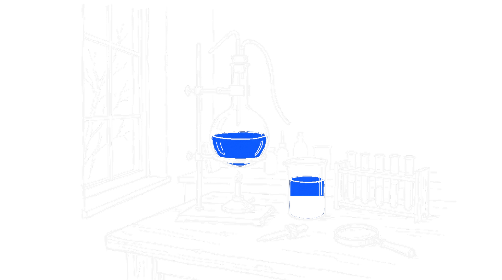 Illustration einer Chemielabor-Werkbank mit blau gefülltem Rundkolben am Stativ, Becherglas, Ständer mit leeren Reagenzgläsern, Pipette und Lupe, kinewsletter.ch Stil