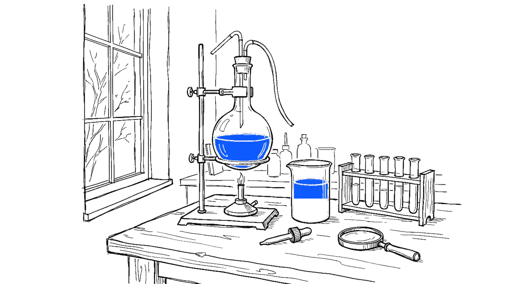 Illustration einer Chemielabor-Werkbank mit blau gefülltem Rundkolben am Stativ, Becherglas, Ständer mit leeren Reagenzgläsern, Pipette und Lupe, kinewsletter.ch Stil