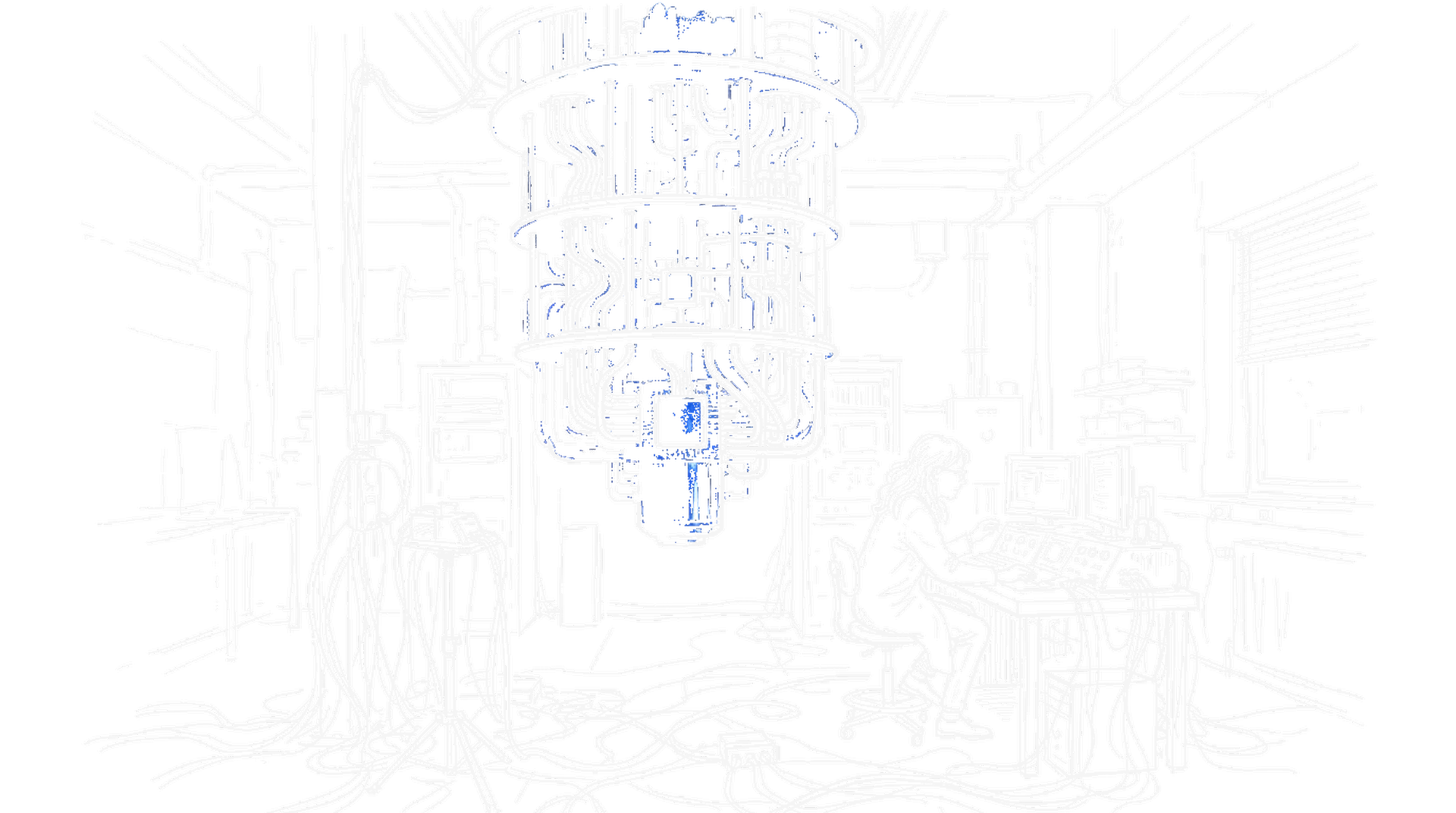 Skizze eines Quantencomputers mit elektroblau leuchtenden Kühlröhren in einem Labor, eine Forscherin an einer Bedienkonsole, Kabel am Boden (Dark)