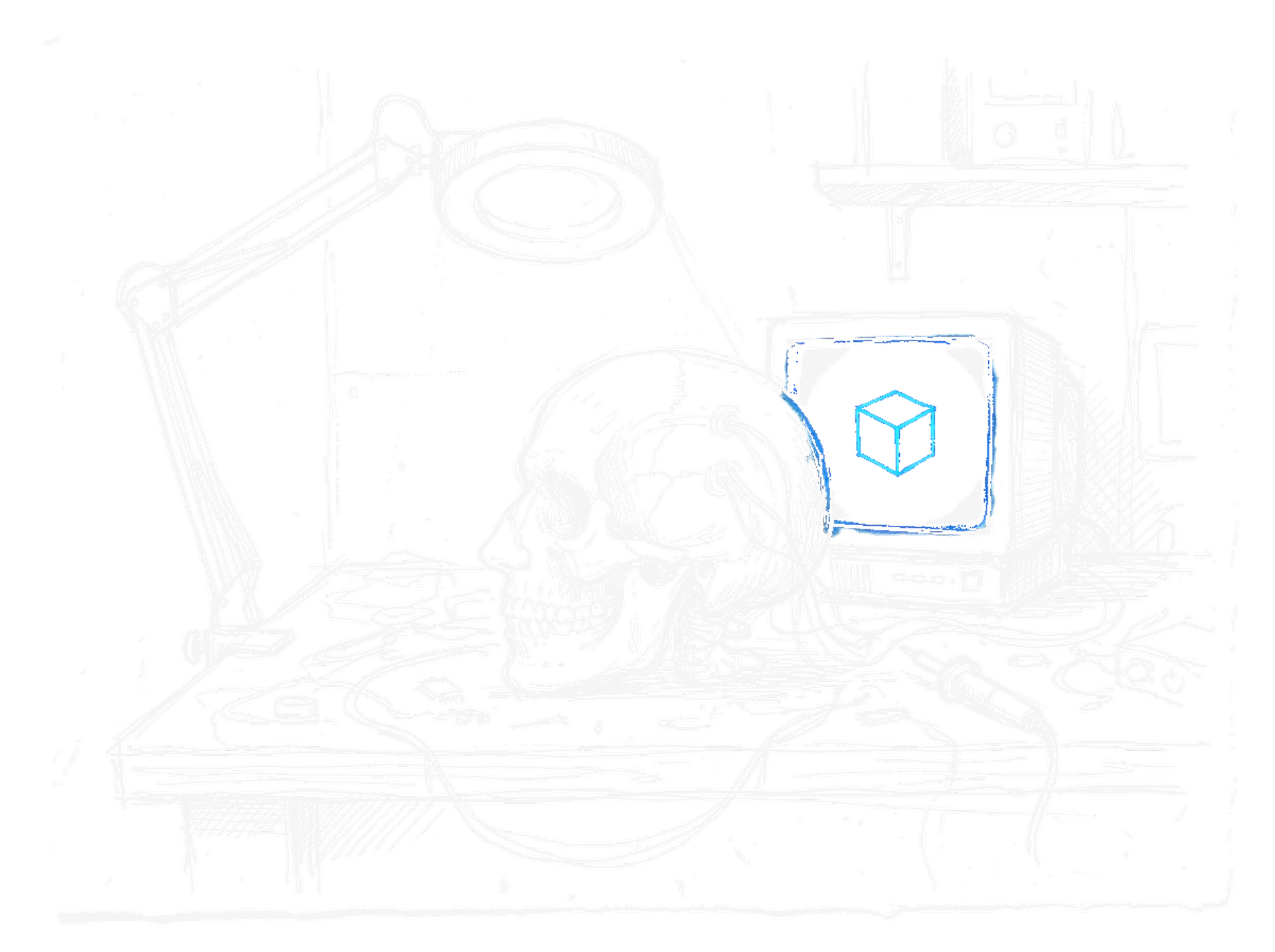 Handgezeichnete Skizze einer Tischlampe, eines anatomischen Kopfes im Profil und eines Monitors, der eine elektroblau leuchtende Wuerfelform zeigt (Dark Mode)