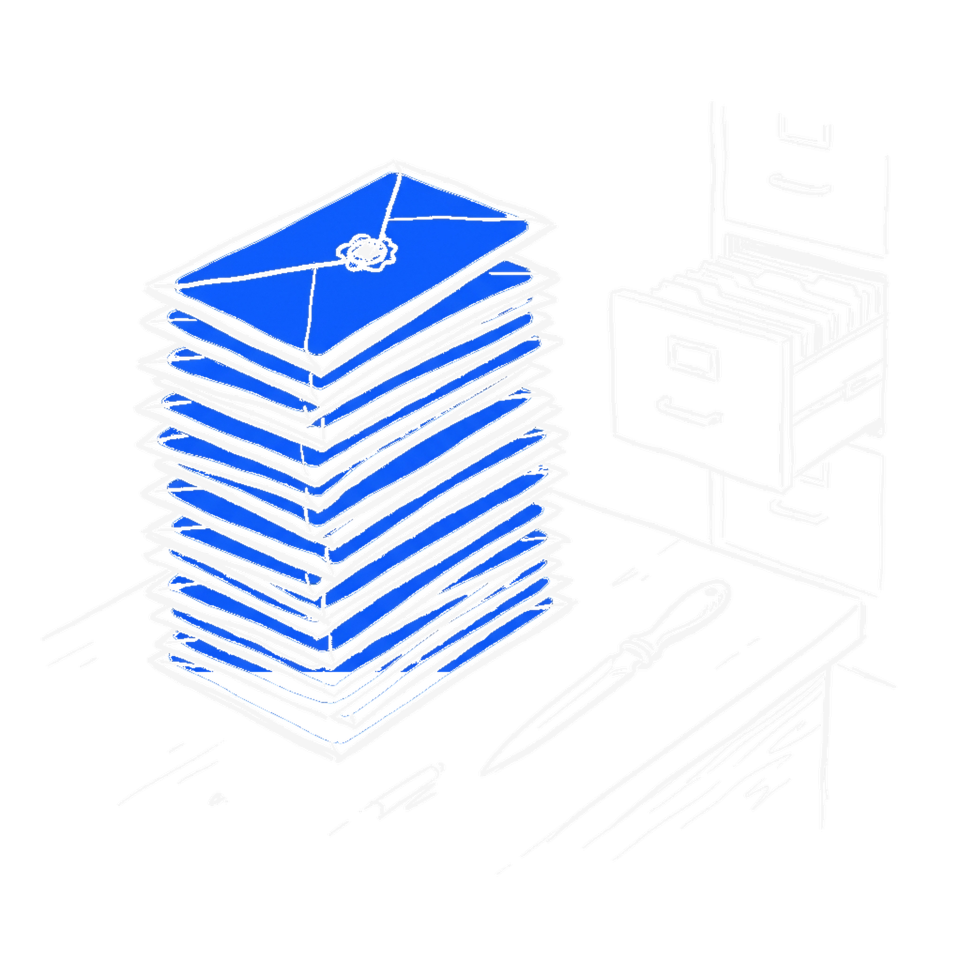Illustration eines Stapels versiegelter Briefumschläge auf einem Schreibtisch mit Brieföffner, kinewsletter.ch Stil