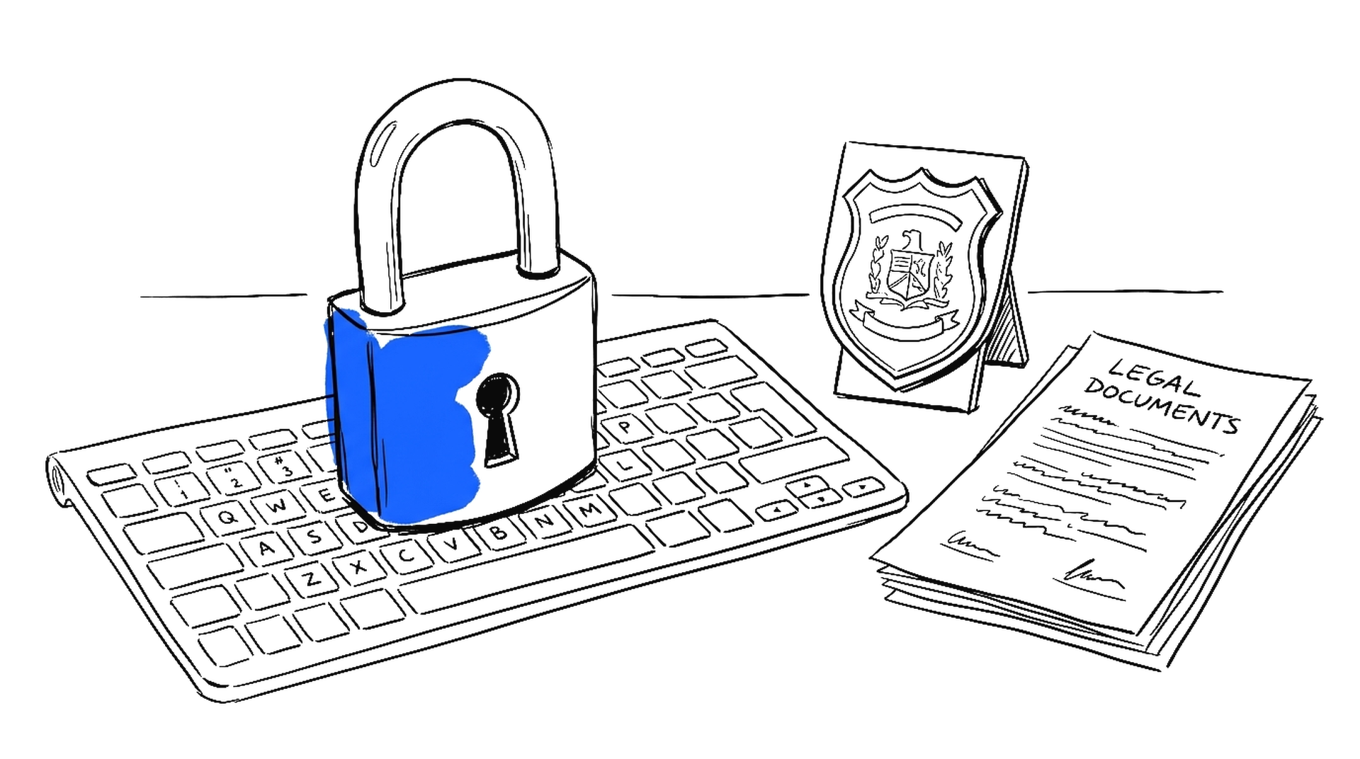 Illustration eines Vorhängeschlosses auf einer Tastatur mit Wappen und Dokumenten, kinewsletter.ch Stil