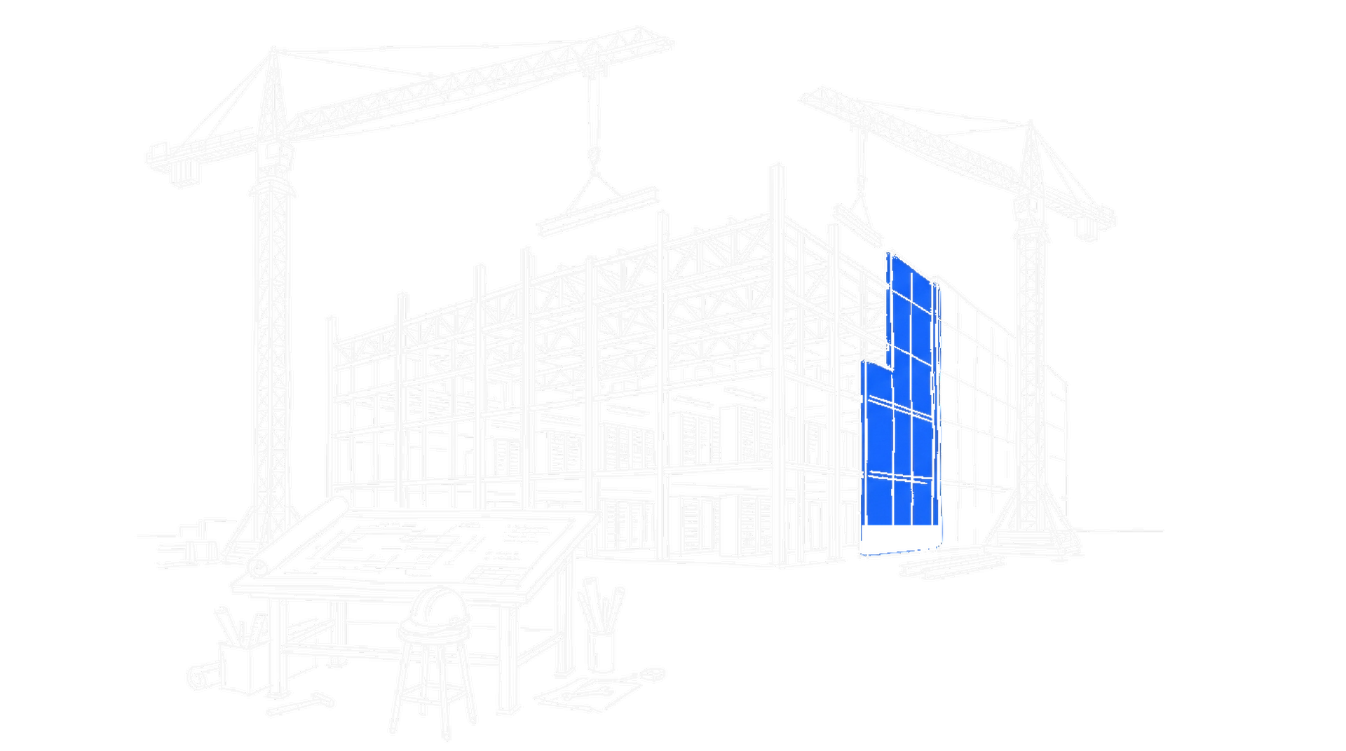 Illustration einer Baustelle mit zwei Kränen, die eine blaue Rechenzentrums-Halle errichten, kinewsletter.ch Stil