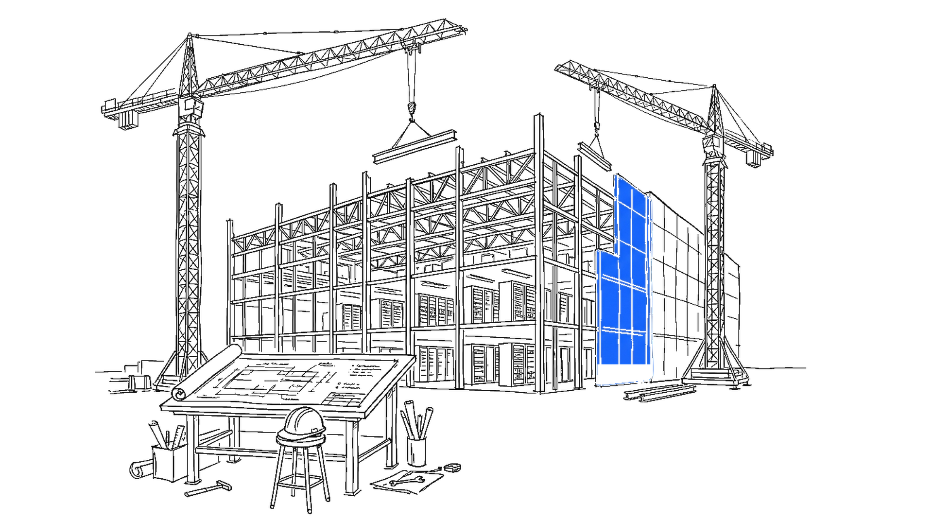 Illustration einer Baustelle mit zwei Kränen, die eine blaue Rechenzentrums-Halle errichten, kinewsletter.ch Stil