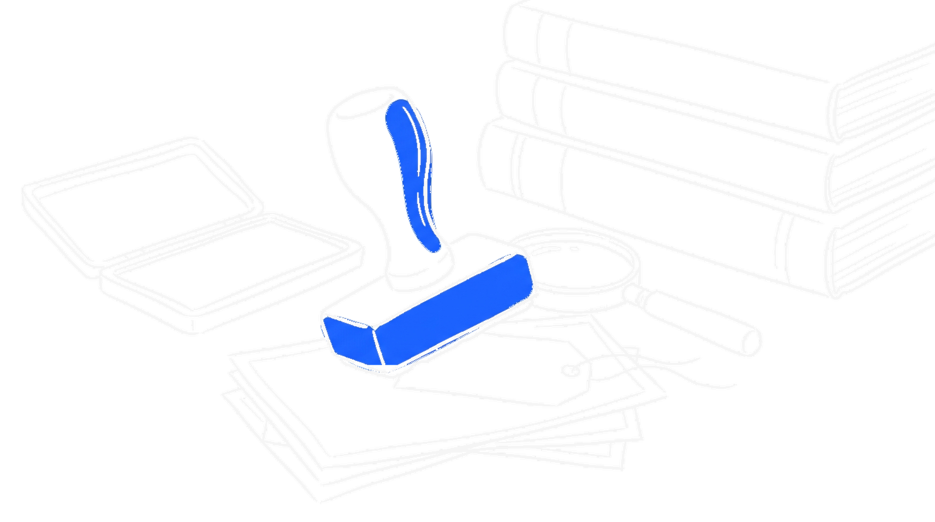Illustration eines grossen Stempels, der ein blaues Etikett auf einen Stapel Fotografien drückt, kinewsletter.ch Stil