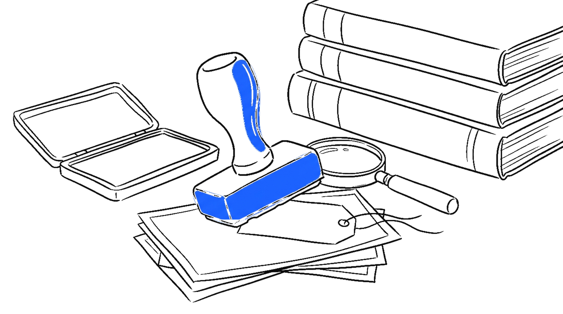 Illustration eines grossen Stempels, der ein blaues Etikett auf einen Stapel Fotografien drückt, kinewsletter.ch Stil