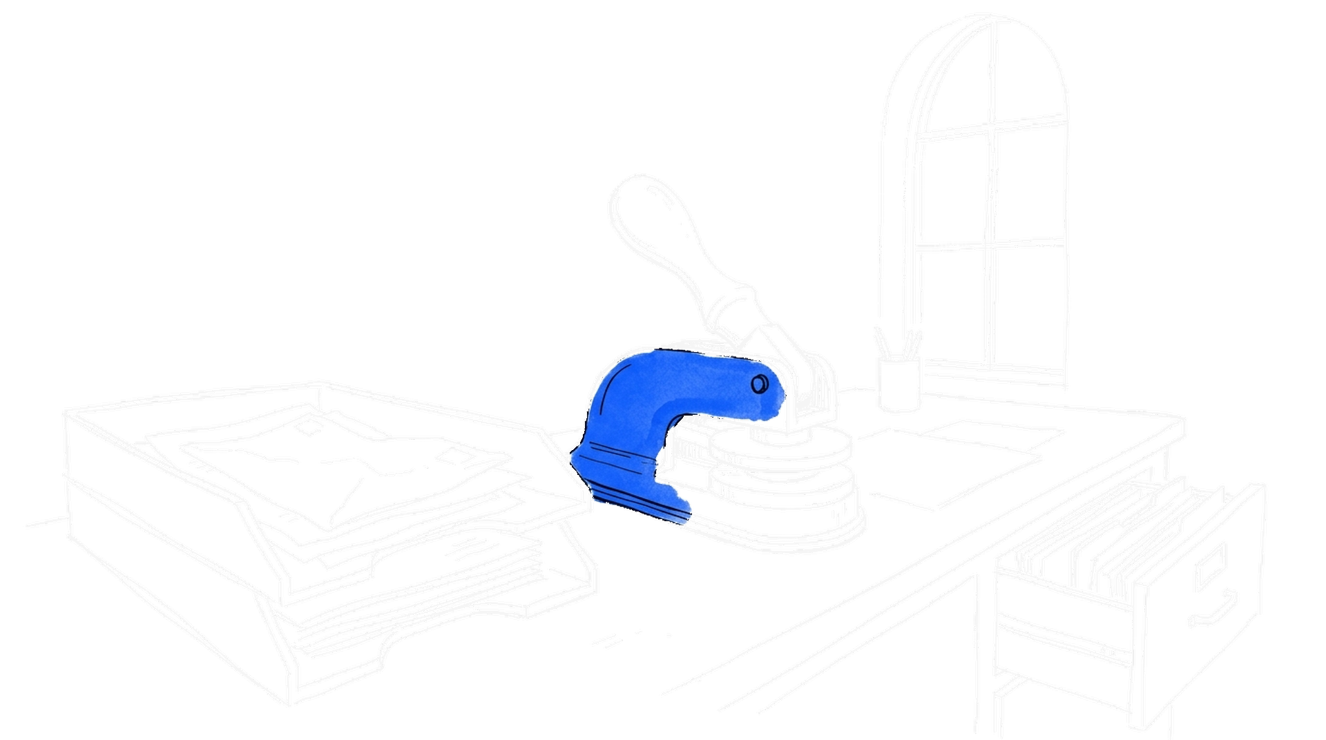 Illustration eines Siegelstempels auf einem Amtsschreibtisch, kinewsletter.ch Stil