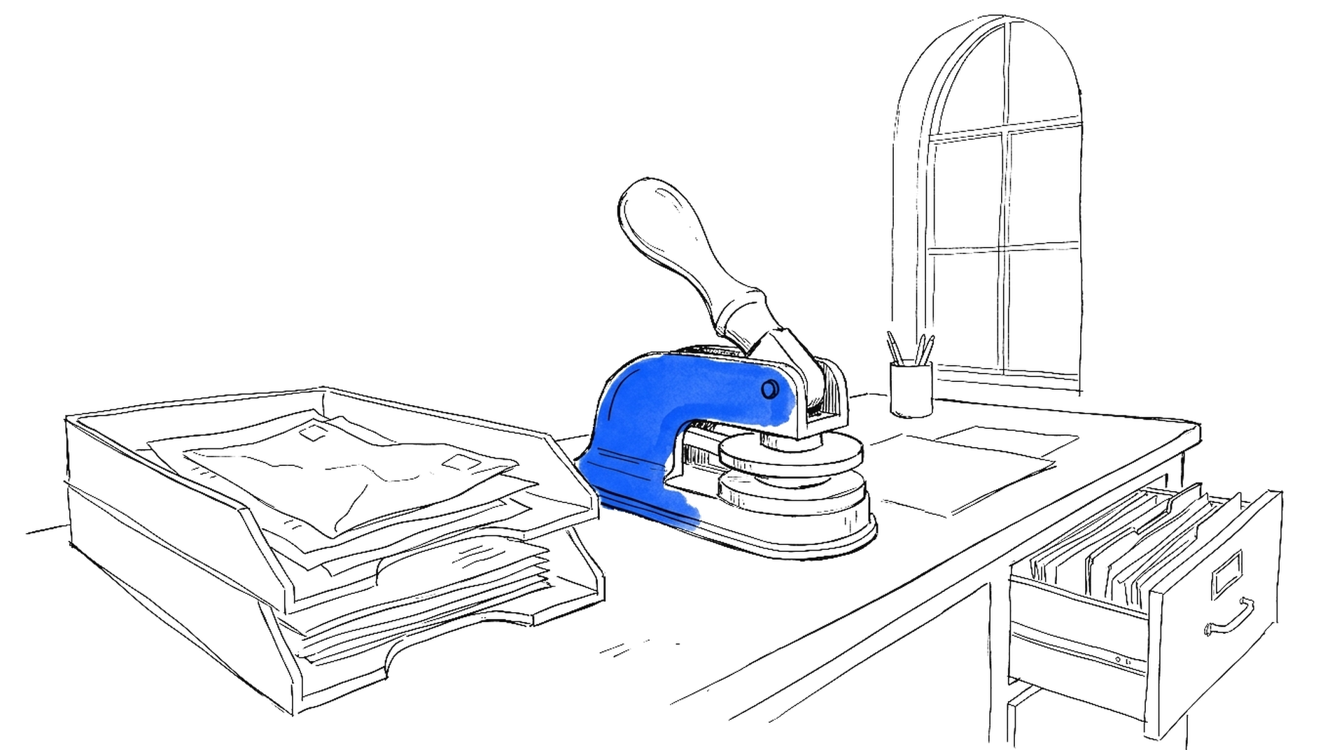 Illustration eines Siegelstempels auf einem Amtsschreibtisch, kinewsletter.ch Stil